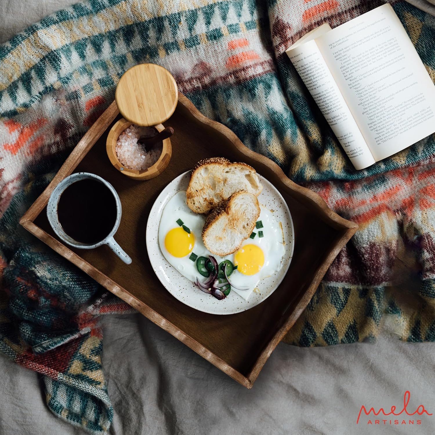 Mela Artisans Ottoman Wooden Serving Tray | Medium, Scallop White Burnt | Decorative Mango Wood | Serve Breakfast, Other Foods, Coffee and Tea | Rustic Home Decor | 14" x 10” x 2.5” - Image 7