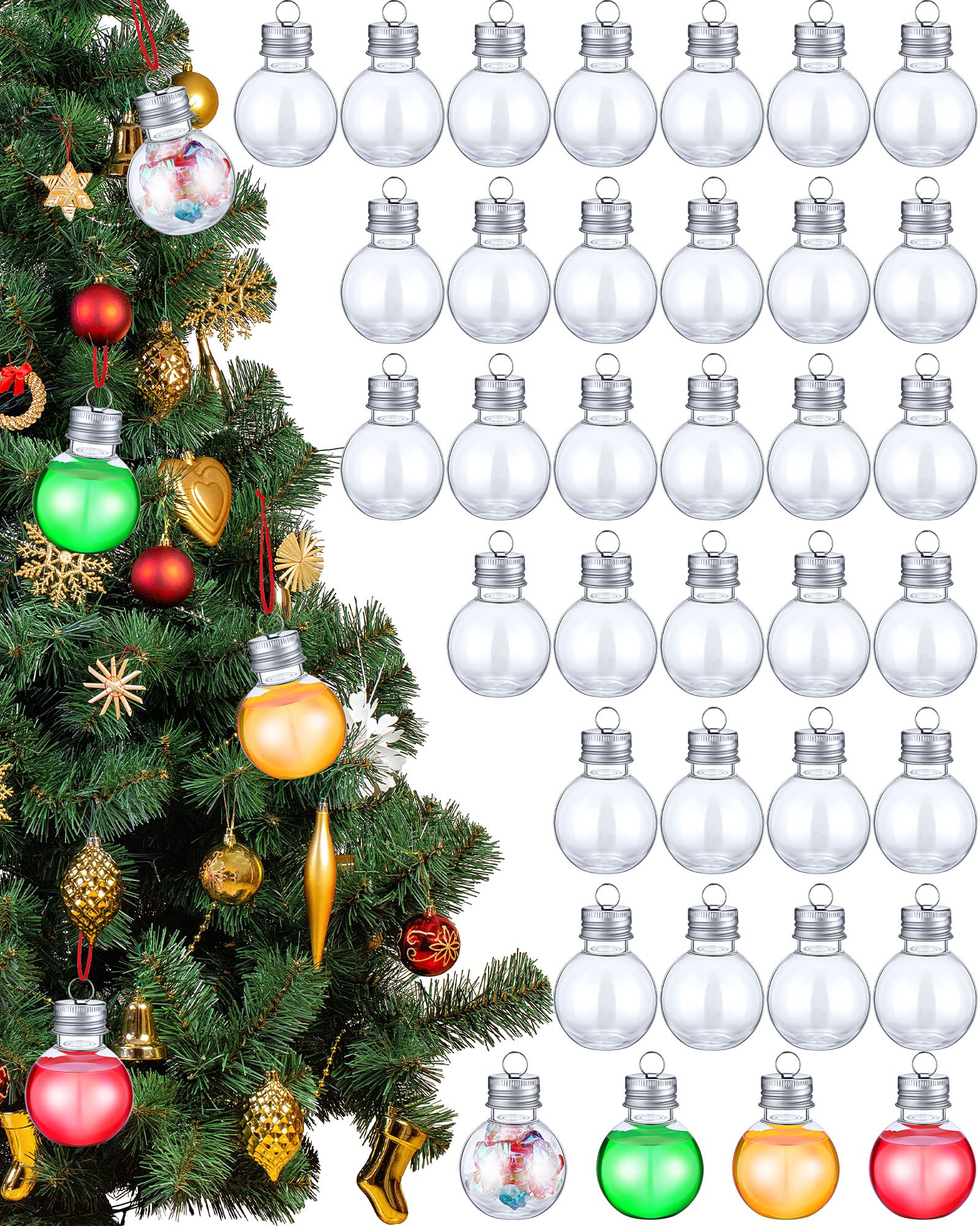 Jerify 48 Pieces Christmas Booze Balls Christmas Tree Ornaments Clear Plastic Fillable Booze Ornaments Bulbs Pendant with Stickers Ribbons for Xmas Holiday Decor