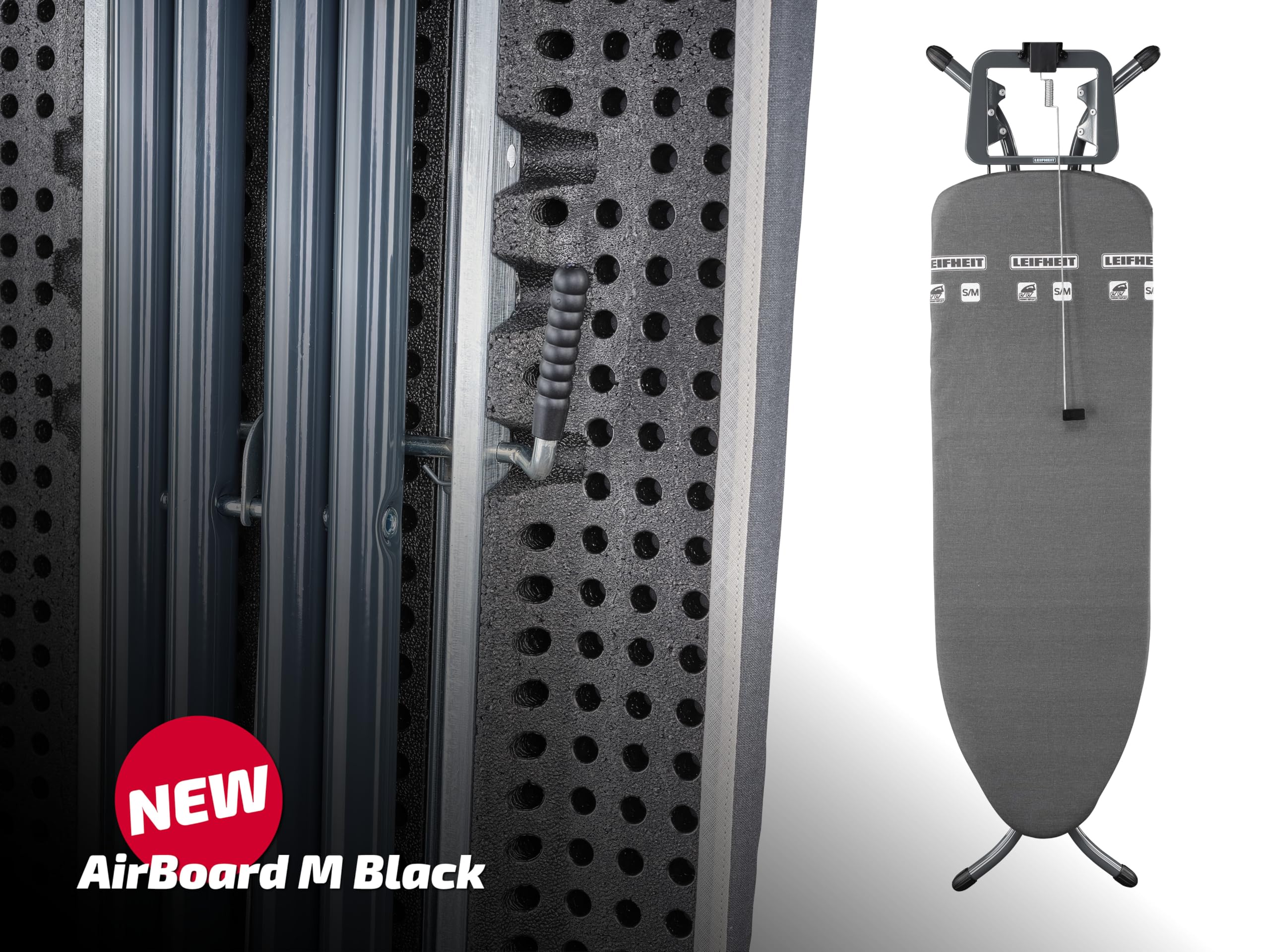 Leifheit Deska do Prasowania Air Board M Black, Thermo-Reflect 120 x 38 cm | Ultralekka powierzchnia z tworzywa, regulacja wysokości do 98 cm, podstawka na żelazko, do żelazek parowych