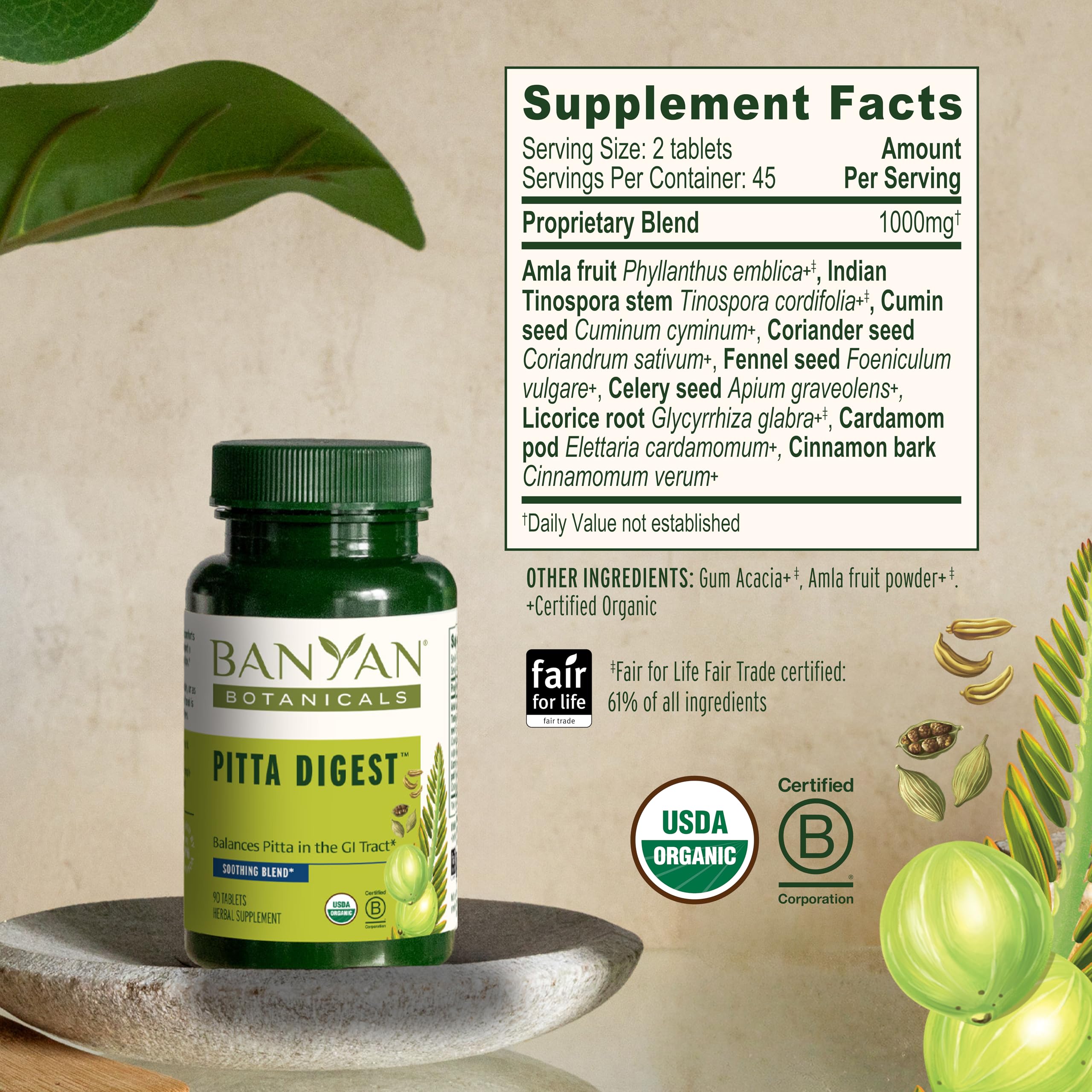 Banyan Botanicals Organic Pitta Digest – Cooling Digestive Supplement for Post-Meal Comfort – Soothing Gut Health Aid with Guduchi, Amla & CCF – 90 Tablets – USDA Organic — Amazon image 5