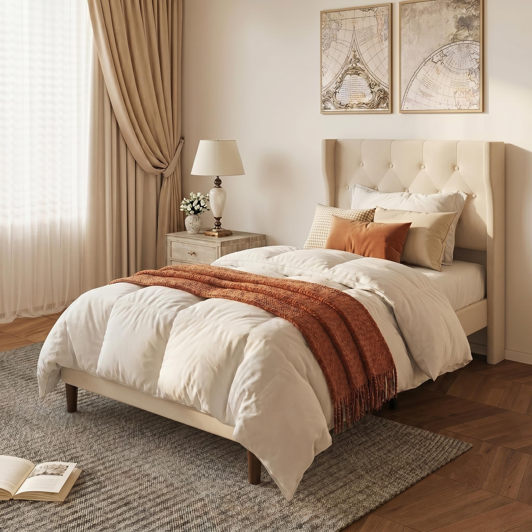Xbro Cama Tapizada 90x200 cm con Cabecero Acolchado y Somier de Lamas de Madera, Cama Individual Estable con Almacenaje, Montaje Fácil