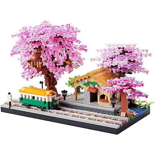 LUKHANG Japanese Cherry Blossom Train Station Micro Building Blocks Set - Creative Mini Bricks Model Kit for Adults and Kids (3668 PCS) with Figures