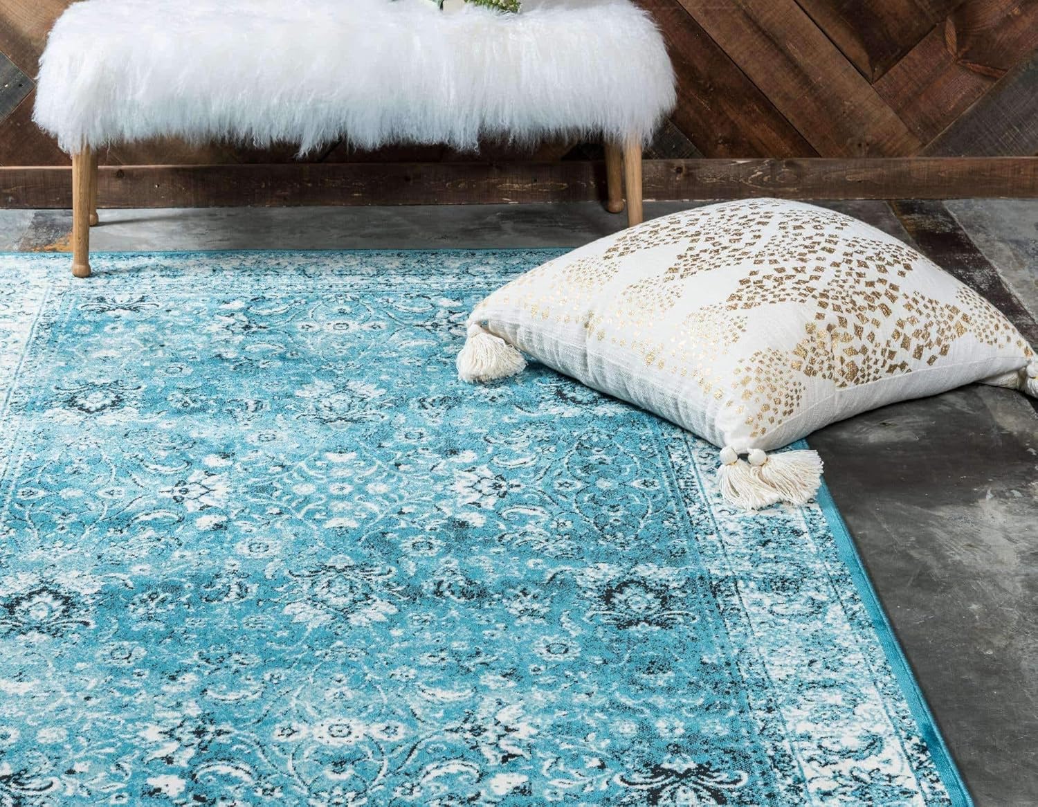 Unique Loom Imperial Collection Distressed, Modern, Traditional, Bright Colors, Vintage, Border Area Rug (6' 0 x 9' 0 Rectangular, Turquoise/Ivory)
