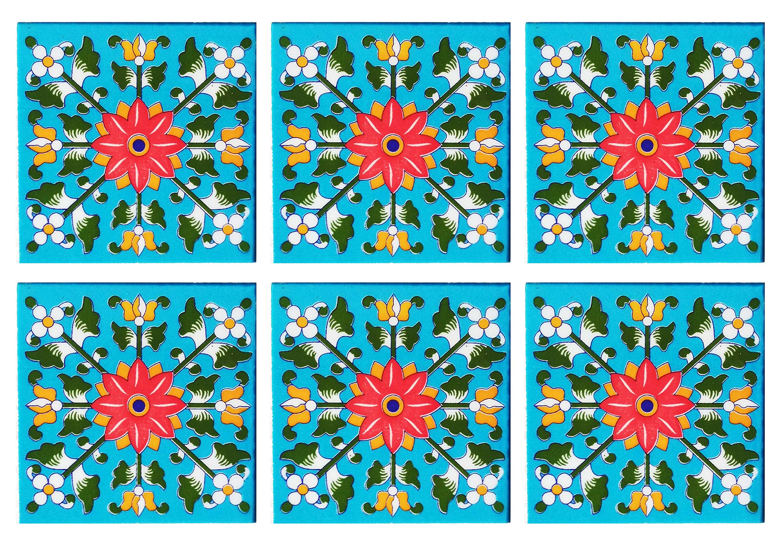 Shiv Kripa Blue Pottery Patterned Ceramic Luxury Decorative 4 x 4 inch Tiles (Pack of 6 Tiles)