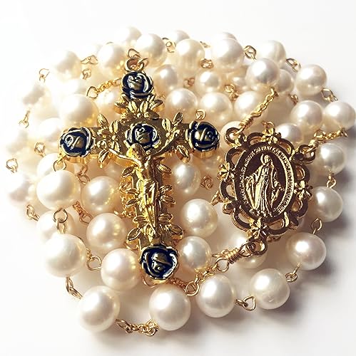 Miniatura 9 de elegantmedical Hecho a mano (AAA 10MM) Cuentas de perlas católicas oro rosario cruz collar de regalo caja de cena, Piedra