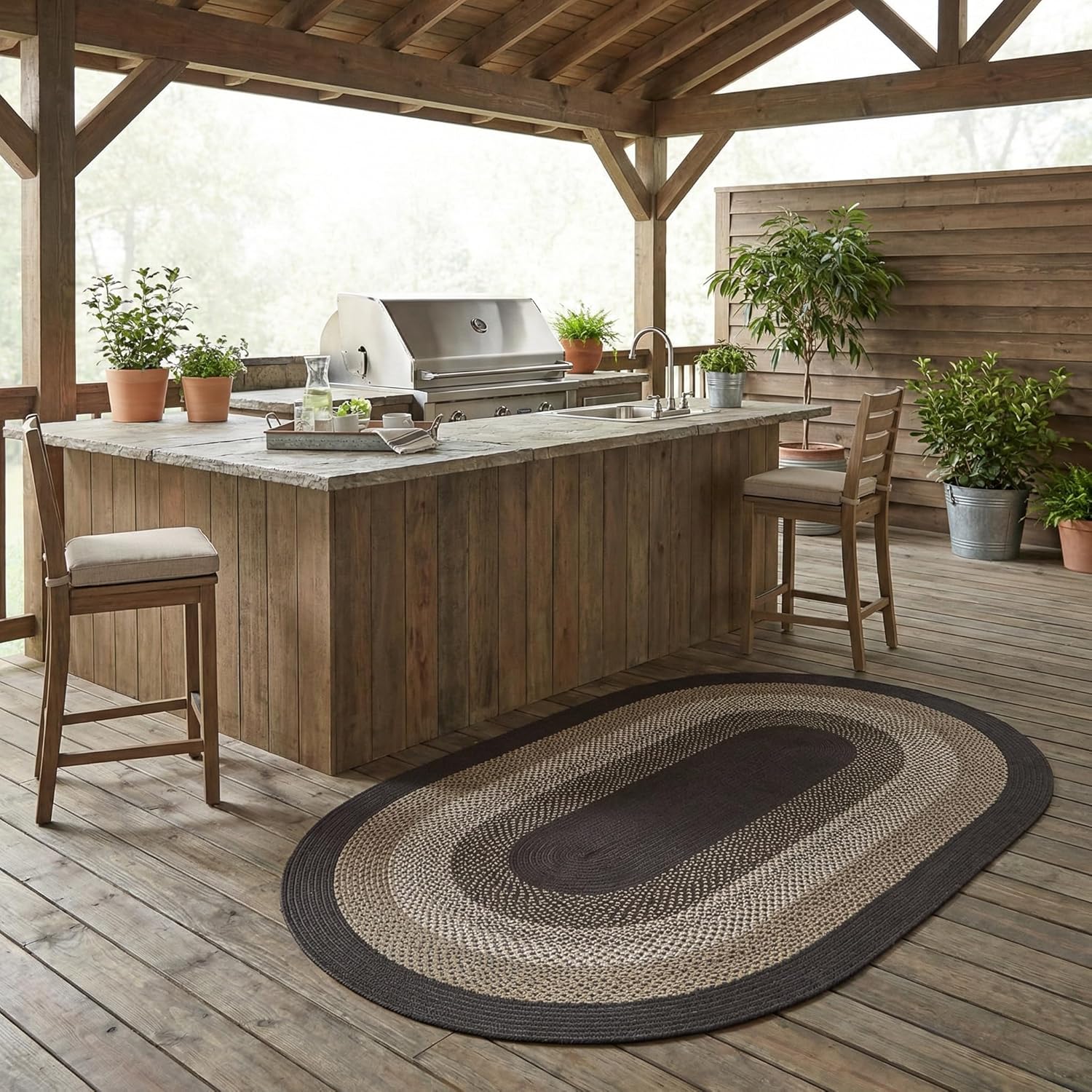 Super Area Rugs Rustic Taupe & Dark Gray Oval Braided Rug for Entryway/Foyer, Woven Outdoor Rug for Patio/Porch 3' x 5' Oval