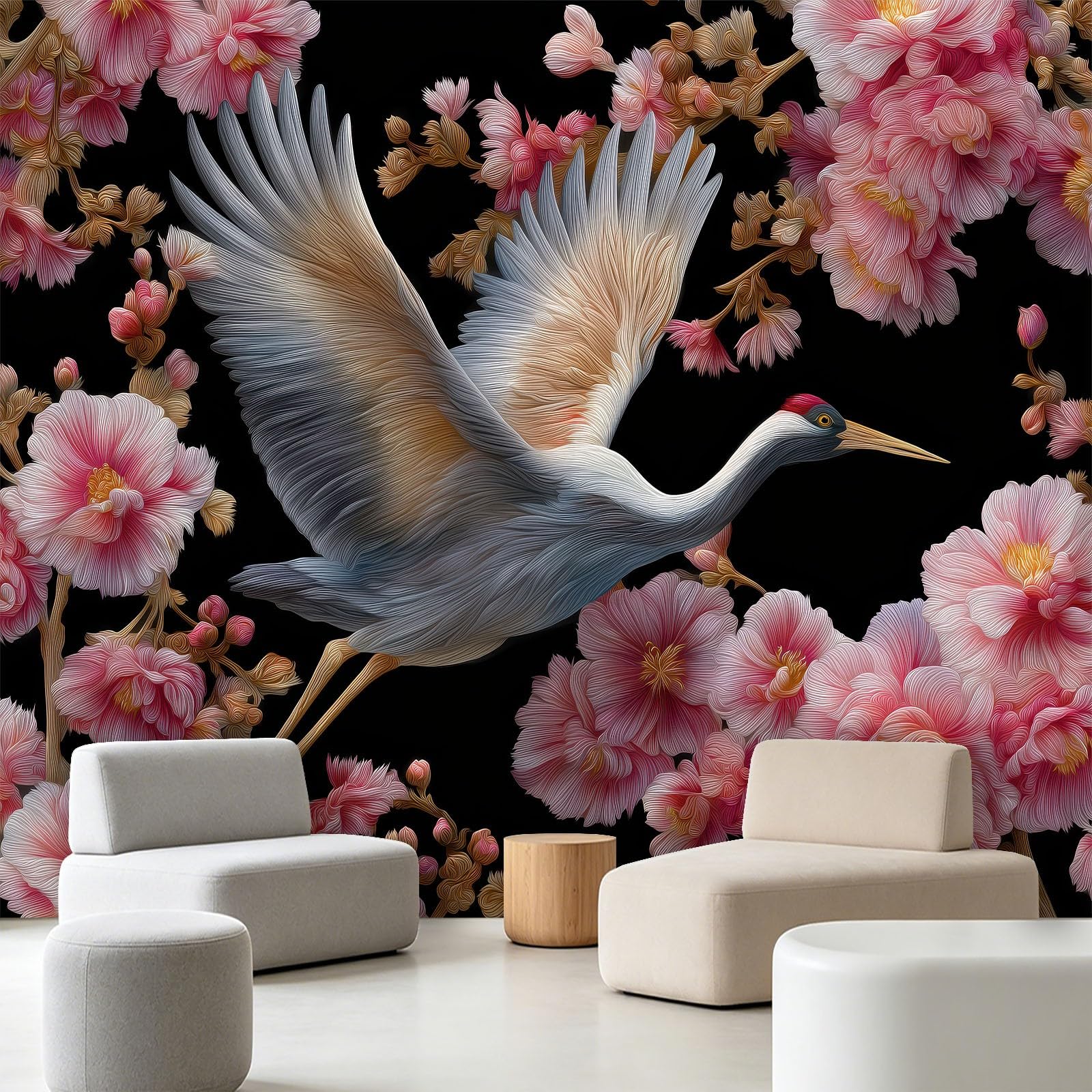 Carta da parati fotografica in tessuto non tessuto con gru e fiori di ciliegio, 200 x 140 cm (larghezza x altezza), motivo cineserie, animali orientali, floreale, per cucina, sala da pranzo, ufficio