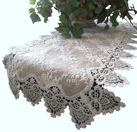 Galleria di Giovanni Lace Dresser Scarf Table Runner Doily Neutral Burlap Natural Taupe Antique Ivory Victorian 56 inch