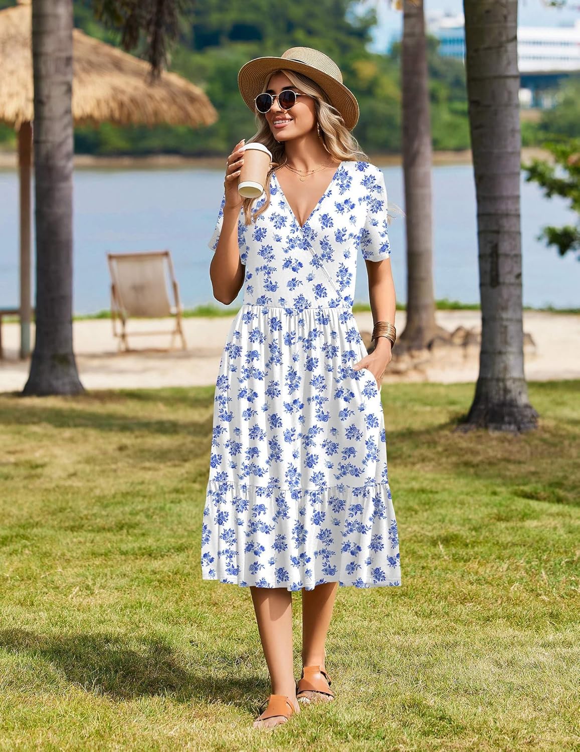 Zeagoo Womens Summer Warp V-Neck Casual Dresses Short Sleeve Midi Floral Dress with Pockets Tiered Flowy A Line Sundress - Image 3