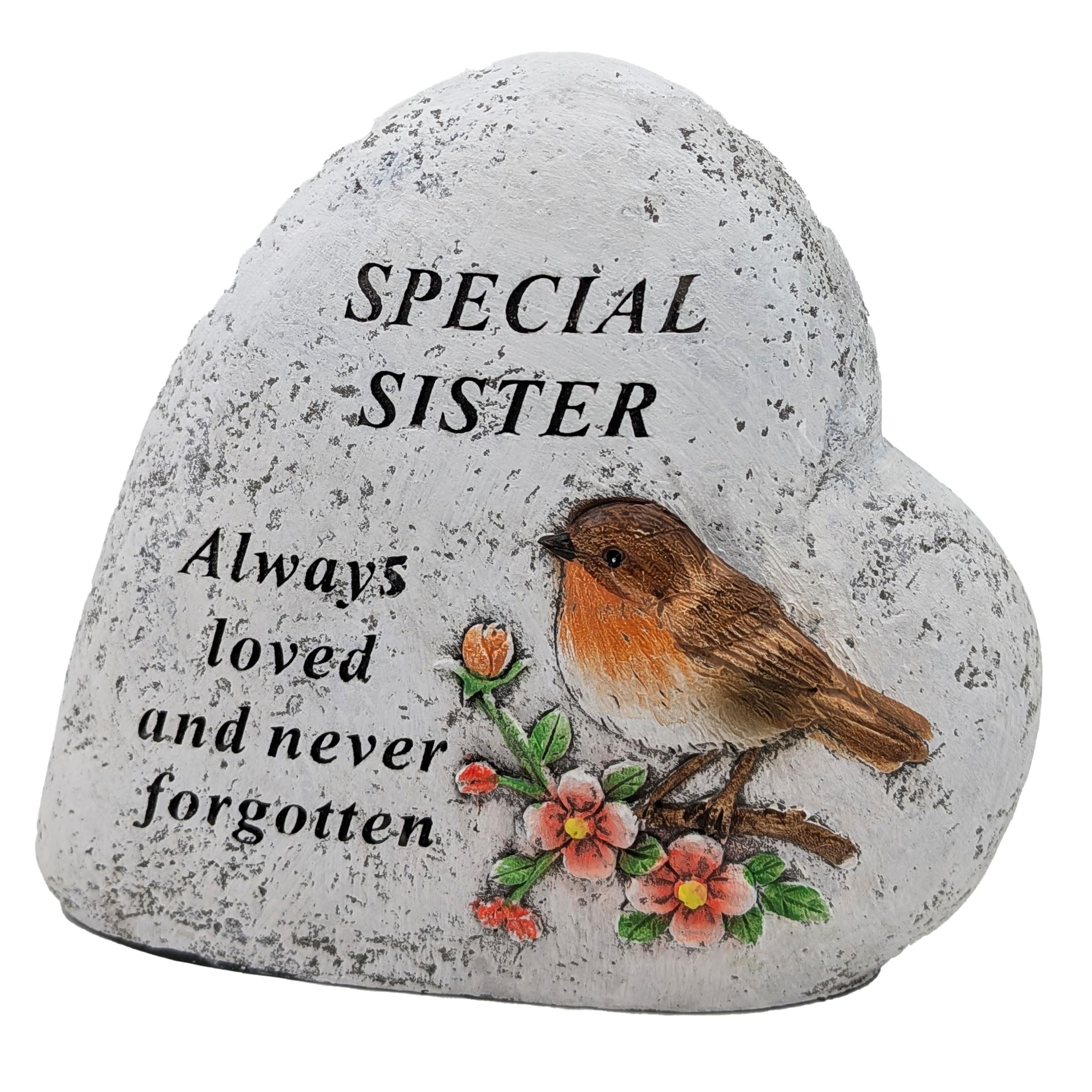 Sister Memorial Heart Ornament with Robin and Floral Stone Effect Plaque