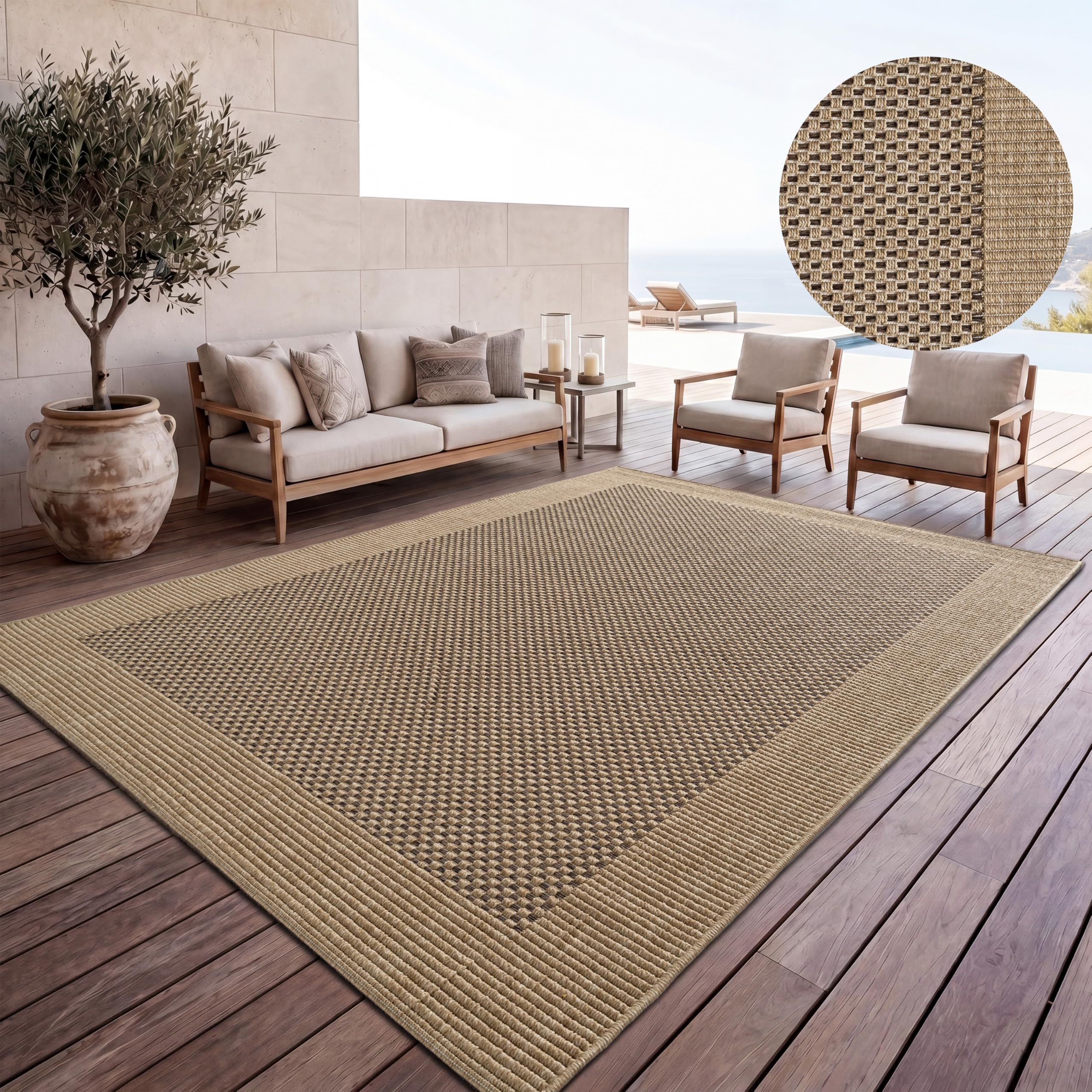 Paco Home Tappeto Per Esterno Terrazzo Balcone Tappeto Cucina Bordura Sisal Monocolore Beige, Dimensione:160x230 cm