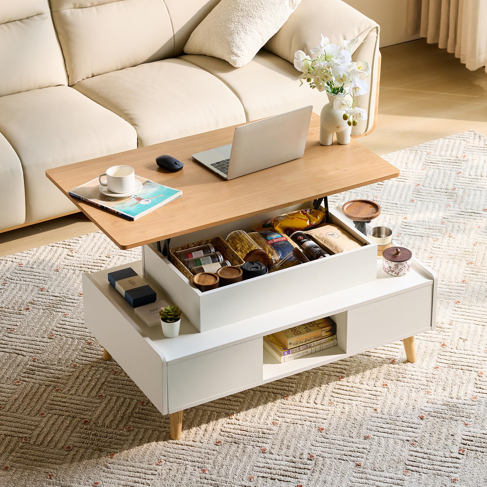 LINSY HOME Coffee Table Height Adjustable with Storage Space, Height-Adjustable Coffee Table, Living Room Table with 2 Large Drawers, 60 x 100 cm Sofa Table