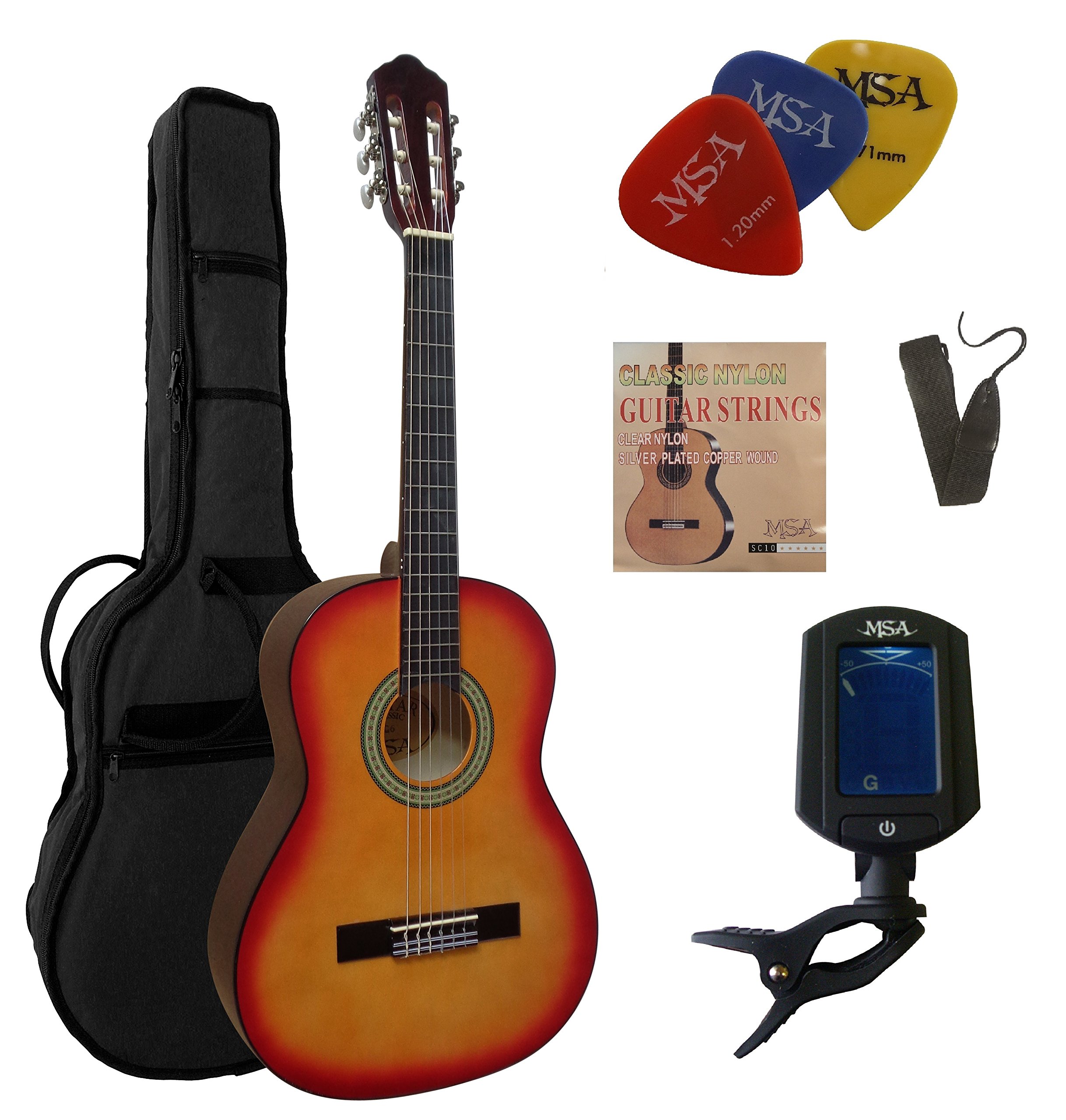 3/4 GITARRE - KONZERTGITARRE IM SET - CLASSIC - SUNBURST - DECKE LINDENHOLZ - TASCHE - BAND - SAITEN - 3xPIK - STIMMGERÄT ET33B - C6