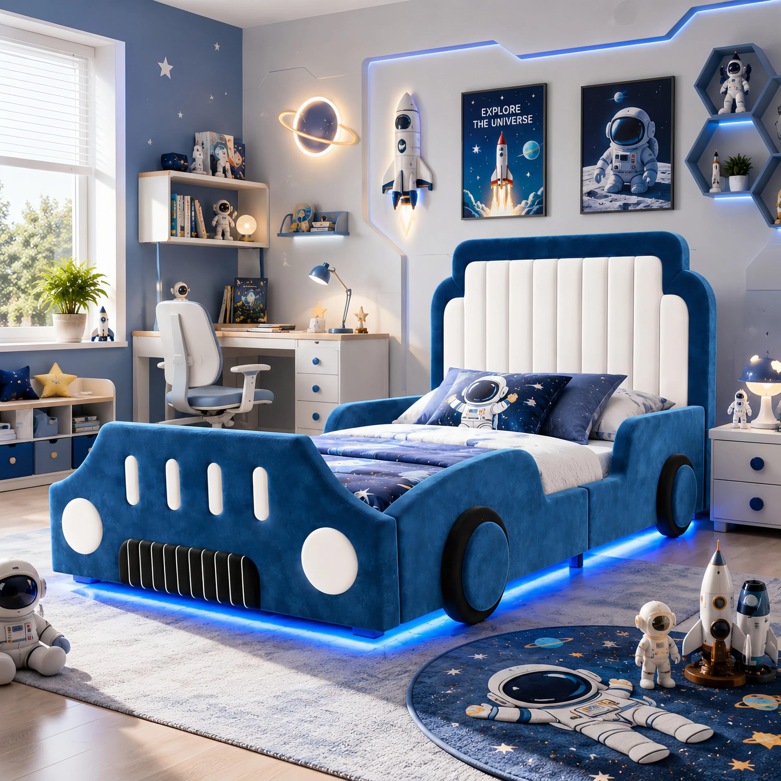 Polsterbett Einzelbett 90x200cm, Autoförmiges Design, Kinderbett mit LED und Schutzgeländer, Aufregendes Auto Kinderbett für kleine Rennfahrer, Kinder Spielbett mit Lattenrost, Samt (Blau-1, 90x200CM)