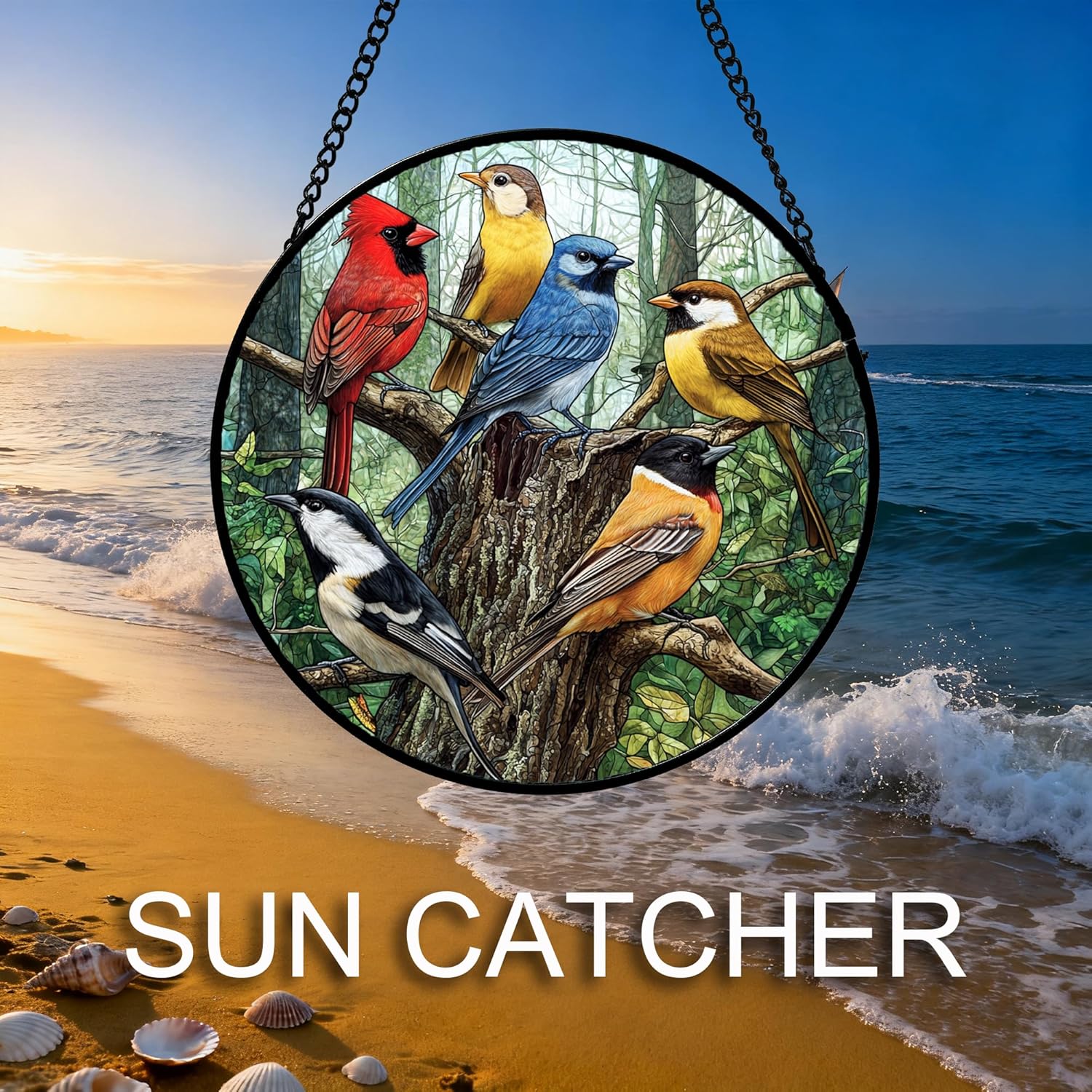 Stained Glass Window Hanging Cardinal on The Branches Large 15" - Bird Suncatcher Door Garden Patio Sun Catcher Home Decor Christmas for Bird Lovers Mom Woman Grandma Men