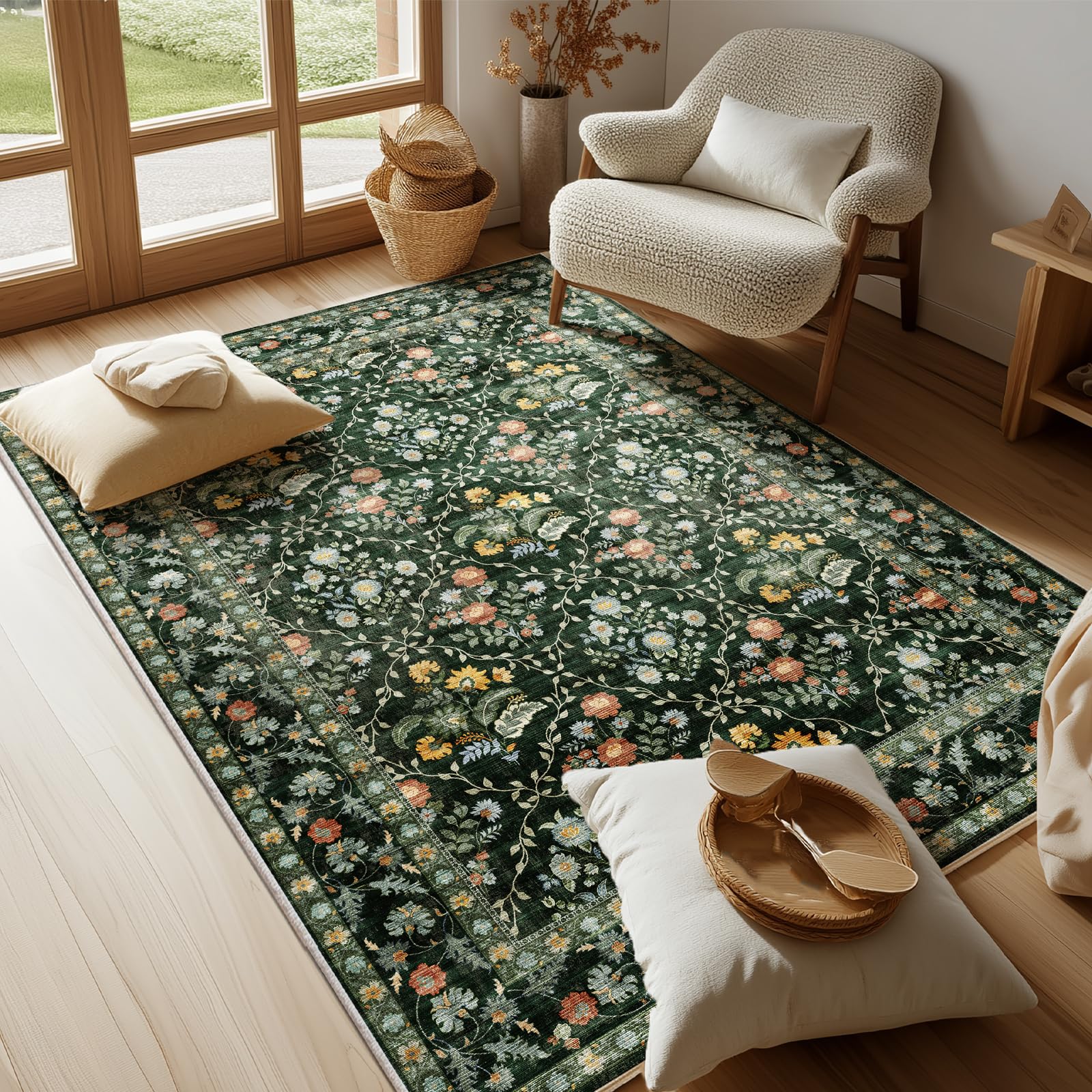 Vintage Botanical Dark Green Area Rug 4x6 Elegant Floral Pattern, Durable Stain-Resistant Fabric, Perfect for Living Room, Bedroom, Dining Room Decor