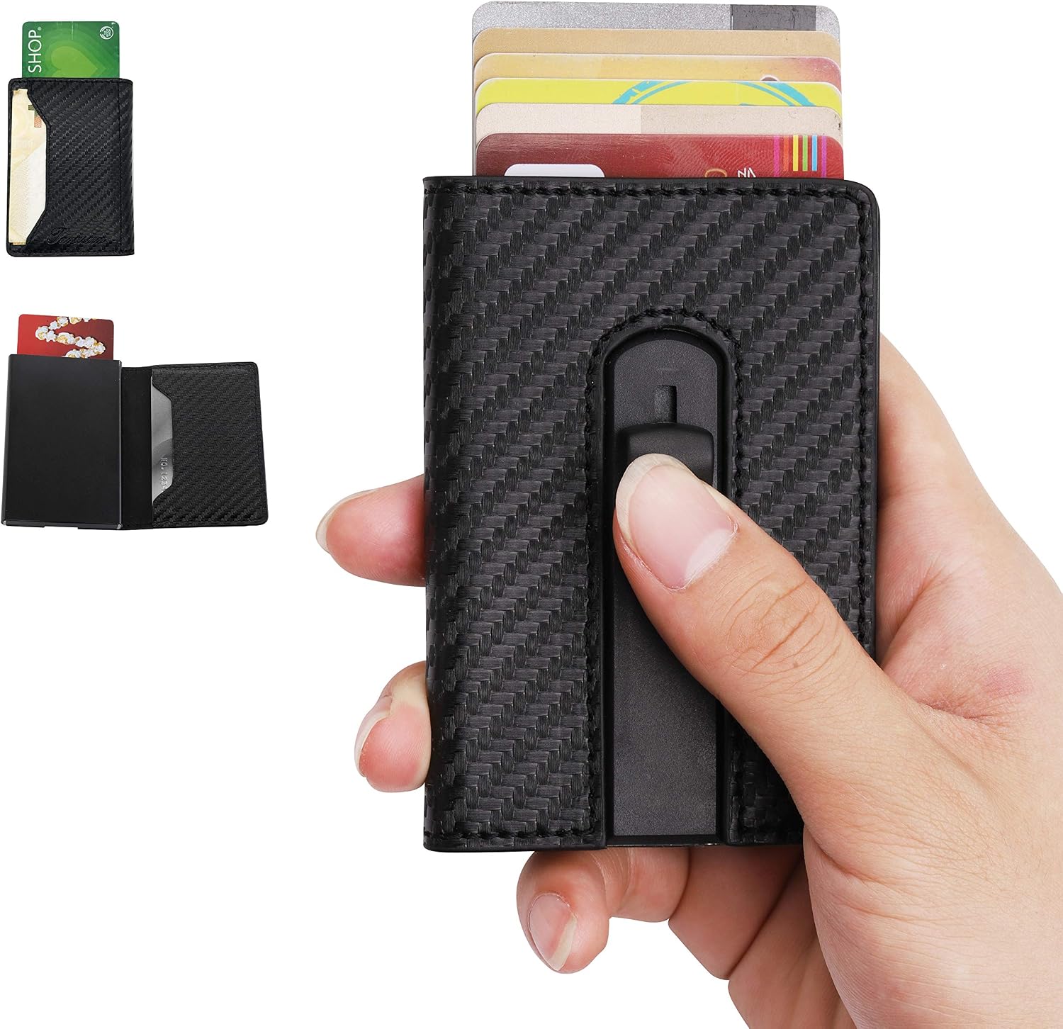 Tarasun RFID Blocking Card Holder/Case for Men, Carbon Fiber PU Leather, RFID Pop-Up Card Holder, Slim, Minimalist Wallet, Lightweight Aluminum/Metal Credit Card Holder, for Front Pocket, Hold 8 Cards