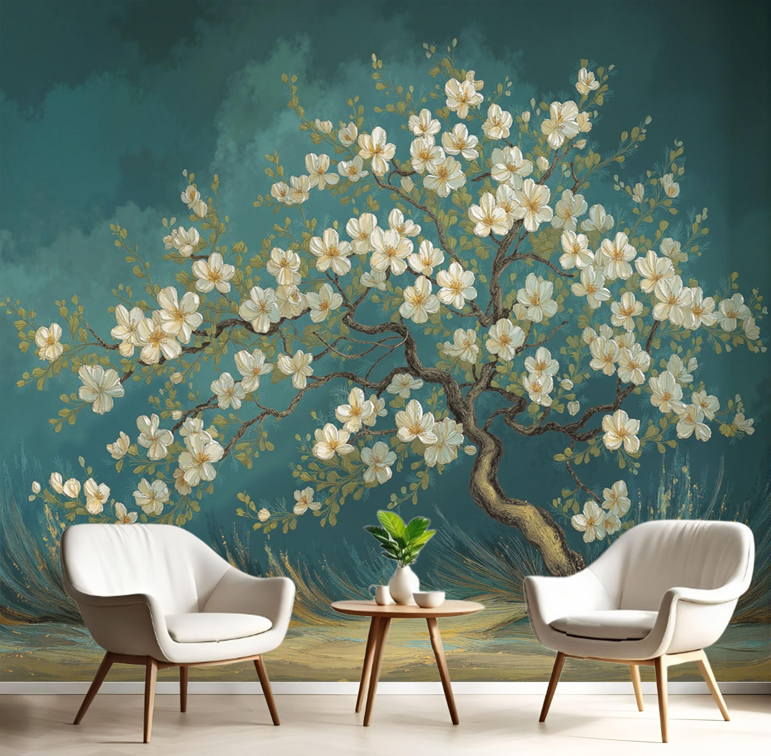 Papier peint arbre fleurs blanches pour rénover un mur terne en fresque vert