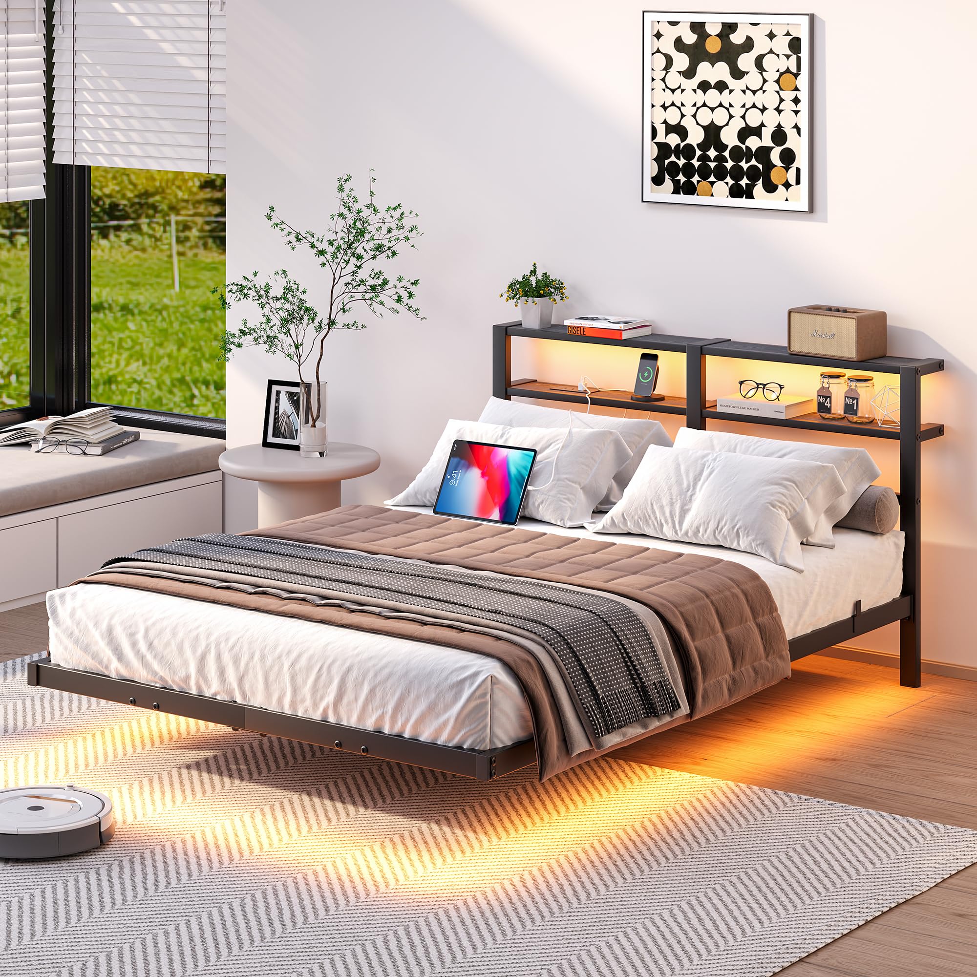 HAHRIR 4ft6 Floating Double Bed Frame with LED Lights & USB Charging,Black