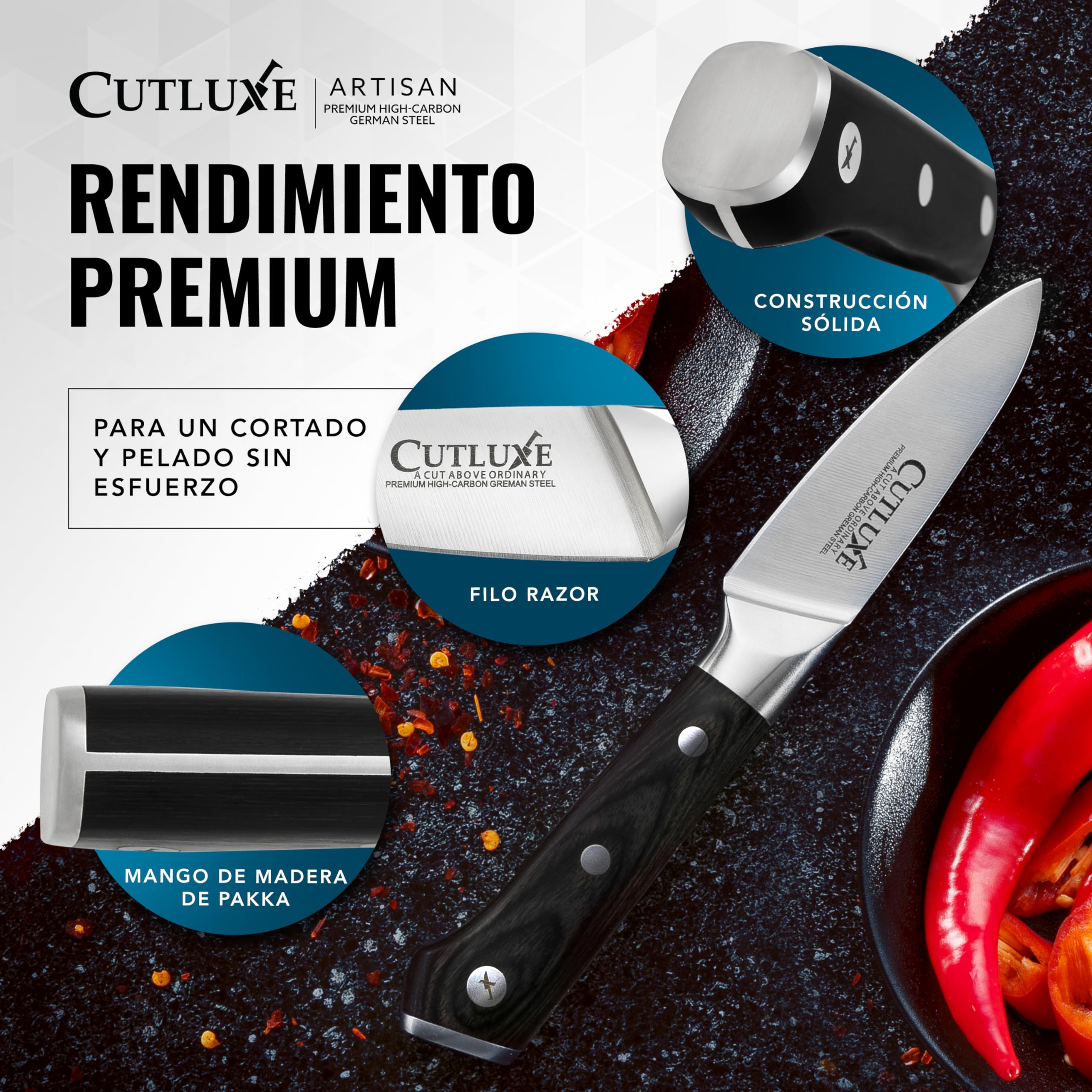 Cutluxe Cuchillo Pelar y Puntilla 9cm para Fruta y Verdura, Acero Alemán | Espiga completa con mango de Pakkawood triple remachado; filo afilado a mano; más de 56 HRC; garantía de por vida