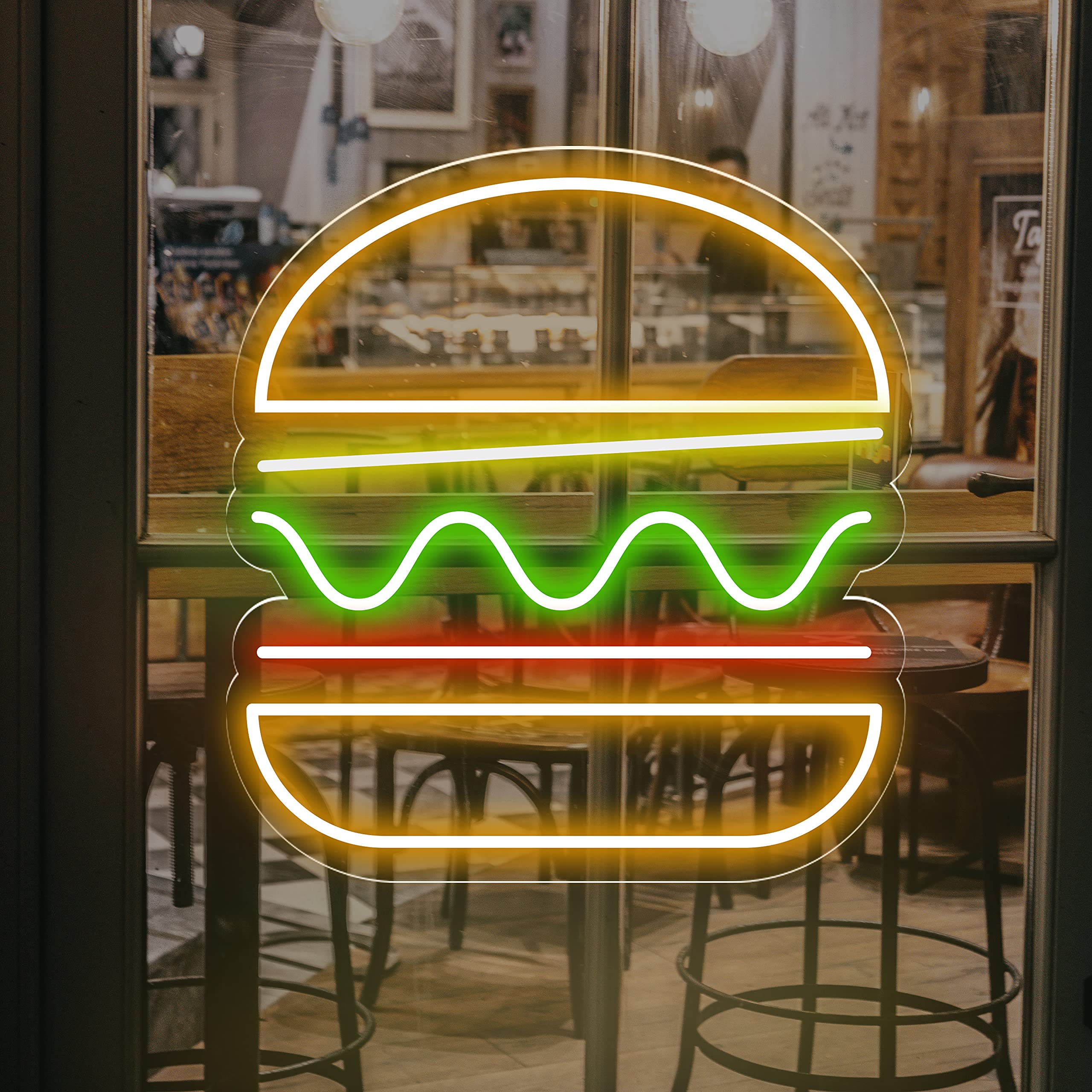 Neon Luces Pared Carteles Letrero Comida Restaurante Feliz -55cm - Personalizable - Multi modelos para elegir - Con Mando a la Distancia- Interior (Neón Hamburguesa Sencilla)