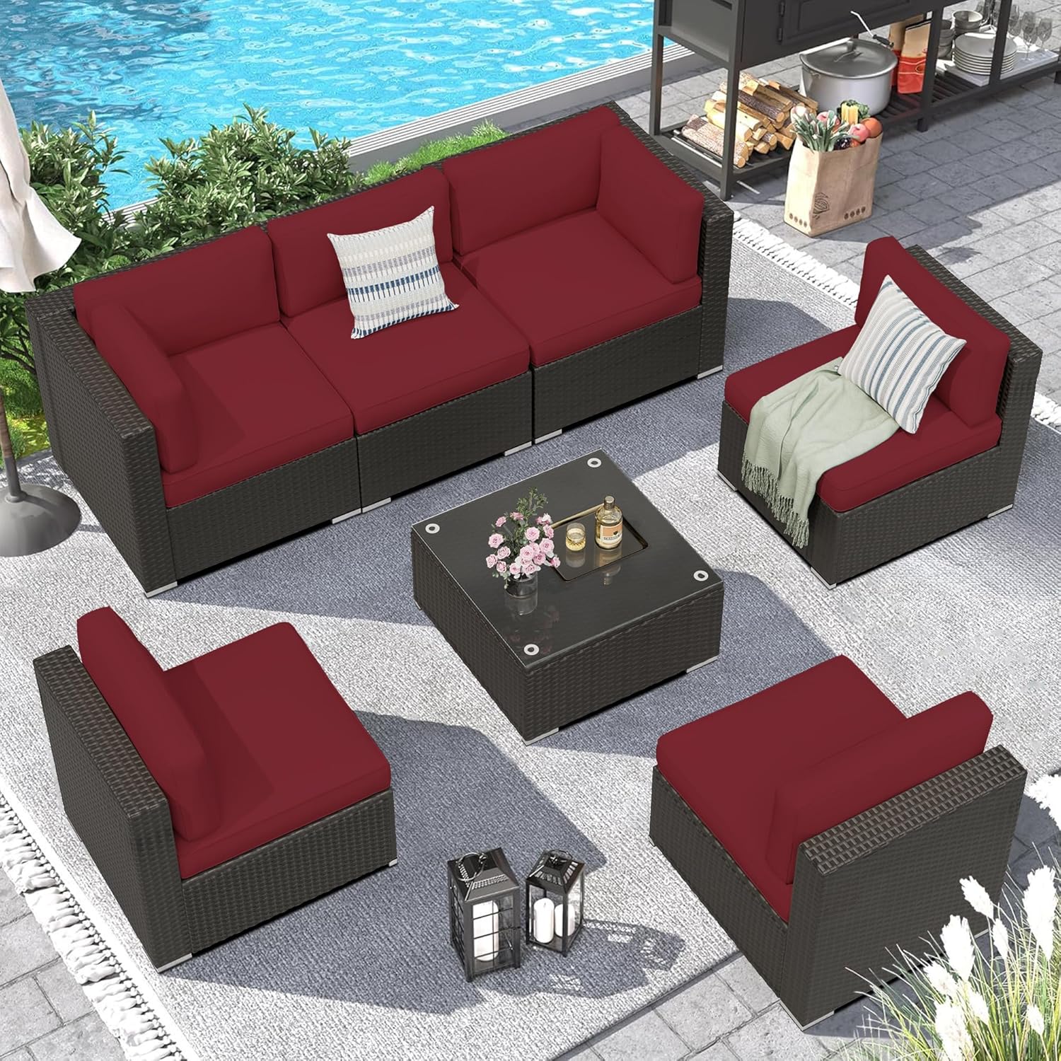 7 Pieces Outdoor Patio Furniture Set, Black Brown Wicker Patio Sectional Sofa Set, Outdoor Couch with Cushion and Tempered Glass Table, Dark Blue