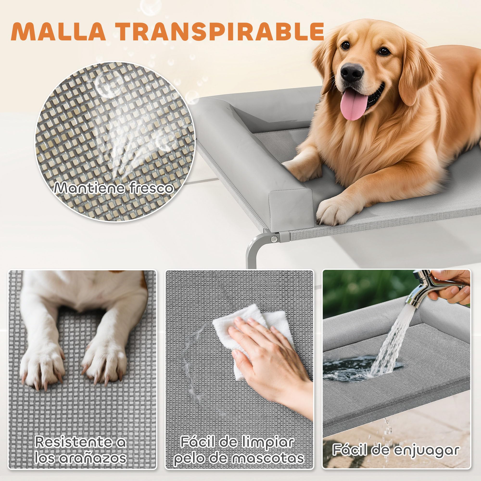 PawHut Cama Elevada para Perros Refrescante con Refuerzos Extraíbles Cama Elevada para Perros Grandes Portátil con Malla Transpirable Marco de Acero para Interior Exterior 130x90x30 cm Gris Claro