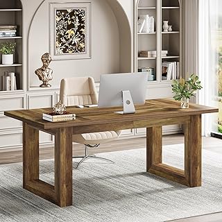Tribesigns 63-Inch Wood Executive Desk, Modern Office Desk, Large Computer Table with Solid Wooden Base, Work Desk for Home Office (Brown)