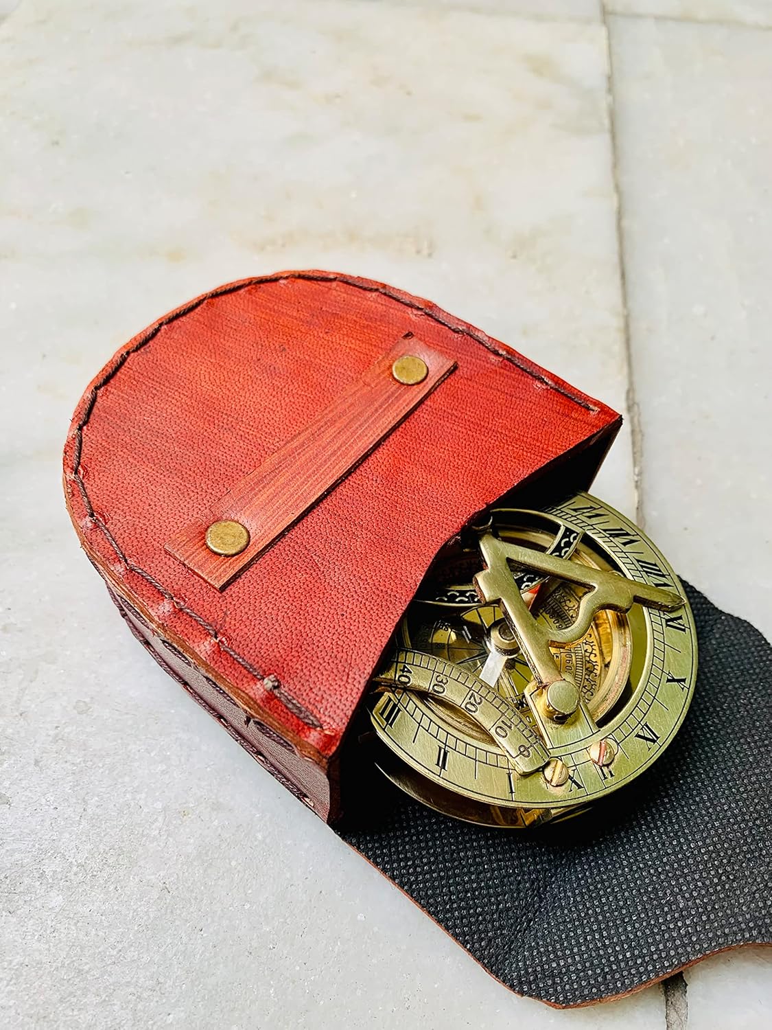 Brass Nautical - Sundial Compass with Intricate Detailing Leather Case Sundial Working Pocket Compass Best Gift