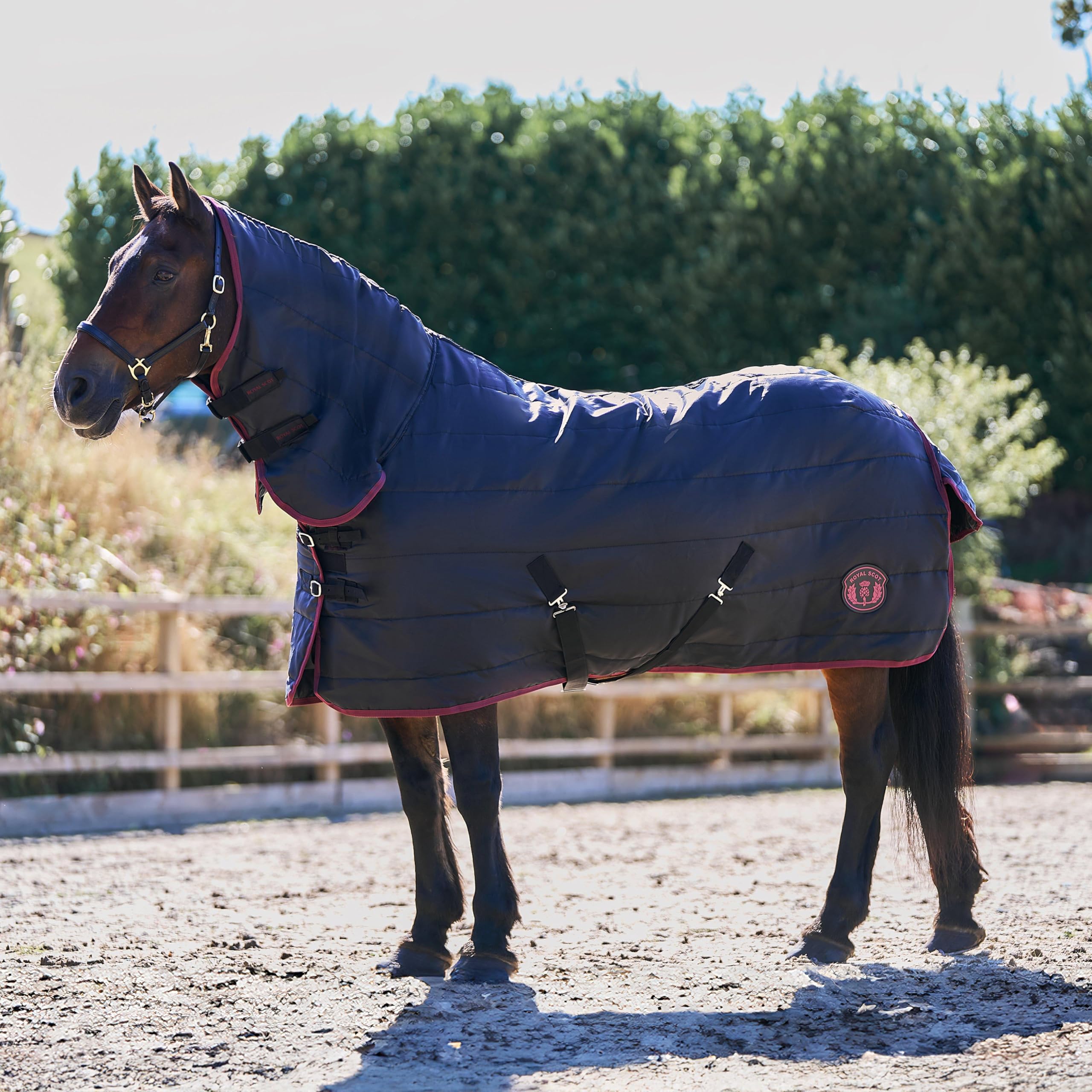 Royal Scot Original Stable Rug with Combo Neck, 100g Polyfill, 210D Outer Fabric, Machine Washable, Horizontal Quilting, for Horses (Black/Wine, 6'0)