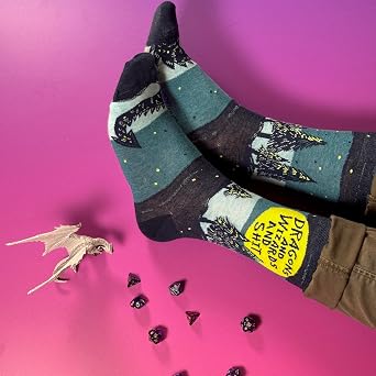 Blue Q Mens Crew Socks - Funny Novelty Crazy Socks with Fun Sayings for Men, Silly Gift for Dad, Husband or Guys, Happy Cool Funky Unique Design - Dragons and Wizards and Shit, Fit Shoe Size 7-12