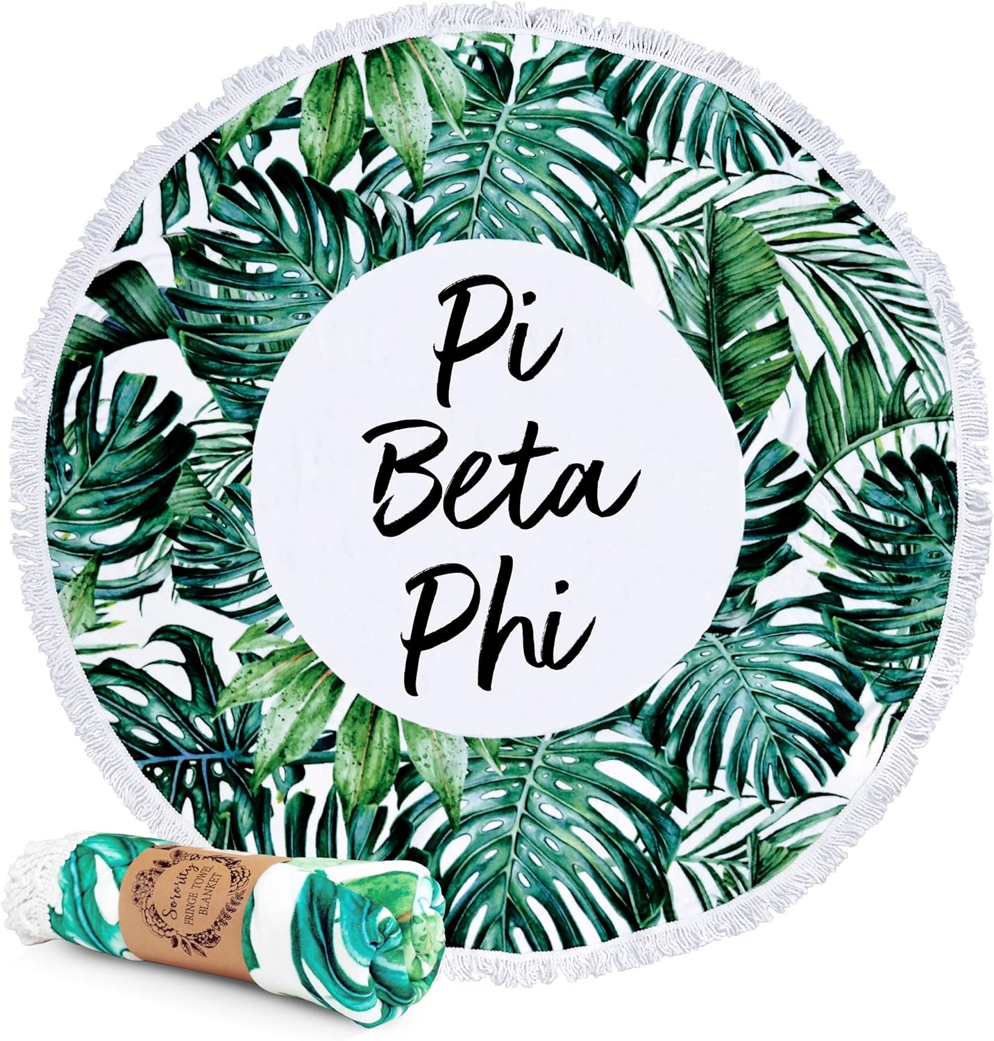 Sorority Shop Phi Mu Palm Design Round Beach Towel with Fringes - 60", Round Beach Blanket, Soft Microfiber, Lightweight and Durable PM Beach Towel Blanket, Water Absorption, Quick Dry