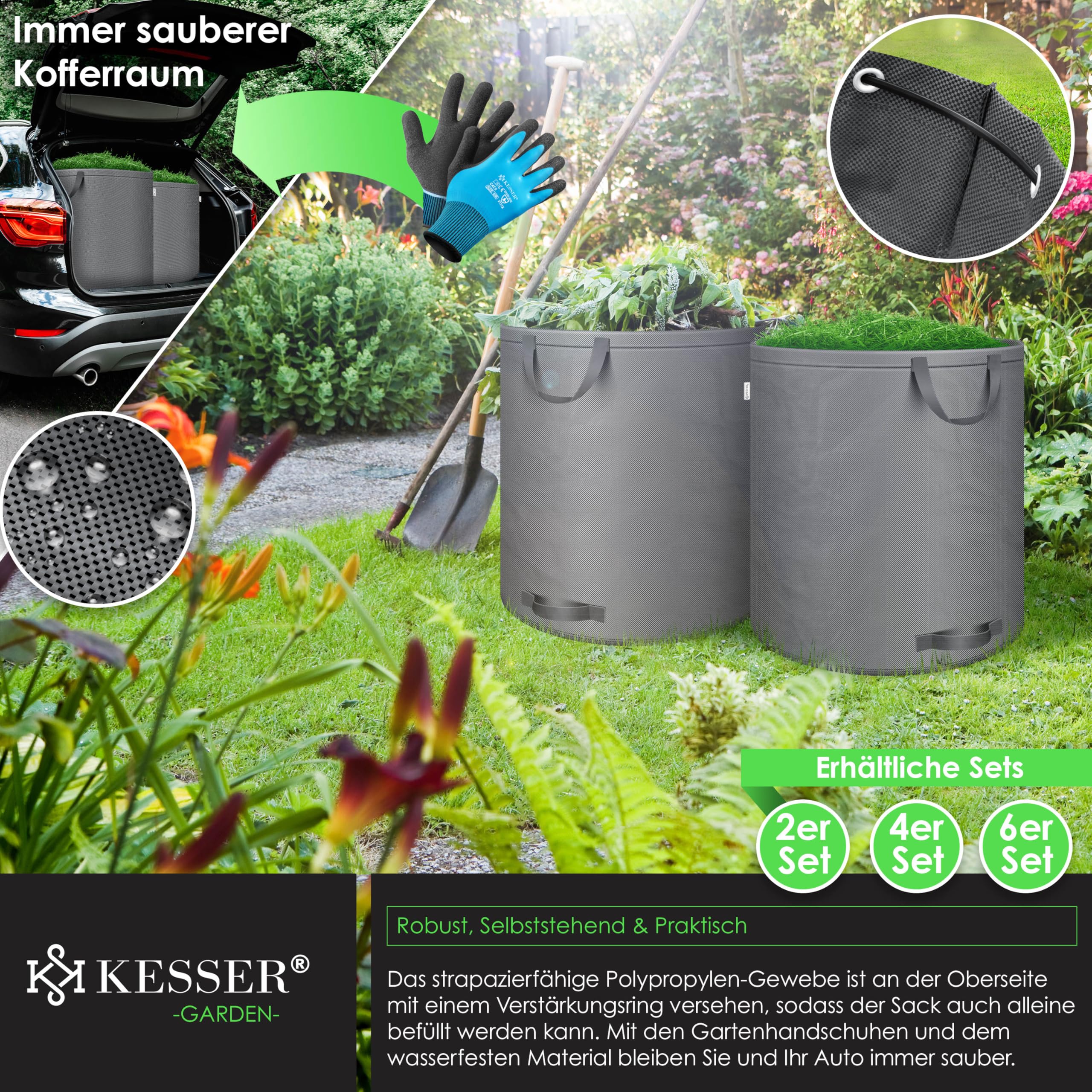 KESSER Set di 4 sacchi da giardino da 500 l, con guanti, 4 manici, stabili e pieghevoli, per tagliare il prato, per rifiuti da giardino, taglio verde, antracite