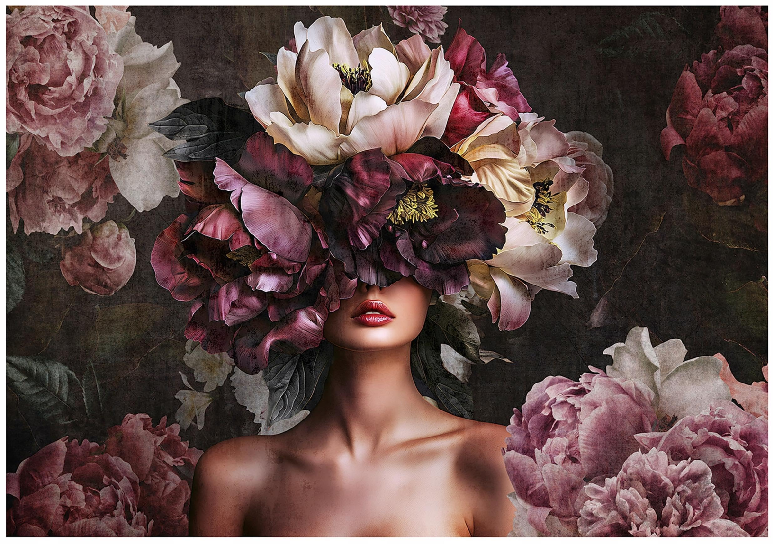 WallArena - Carta da parati fotografica - Donna Peonie 400x280 cm - Murale fotografico - Per soggiorno e camera da letto - Effetto 3D - con Colla - Rose Fiori Glamour