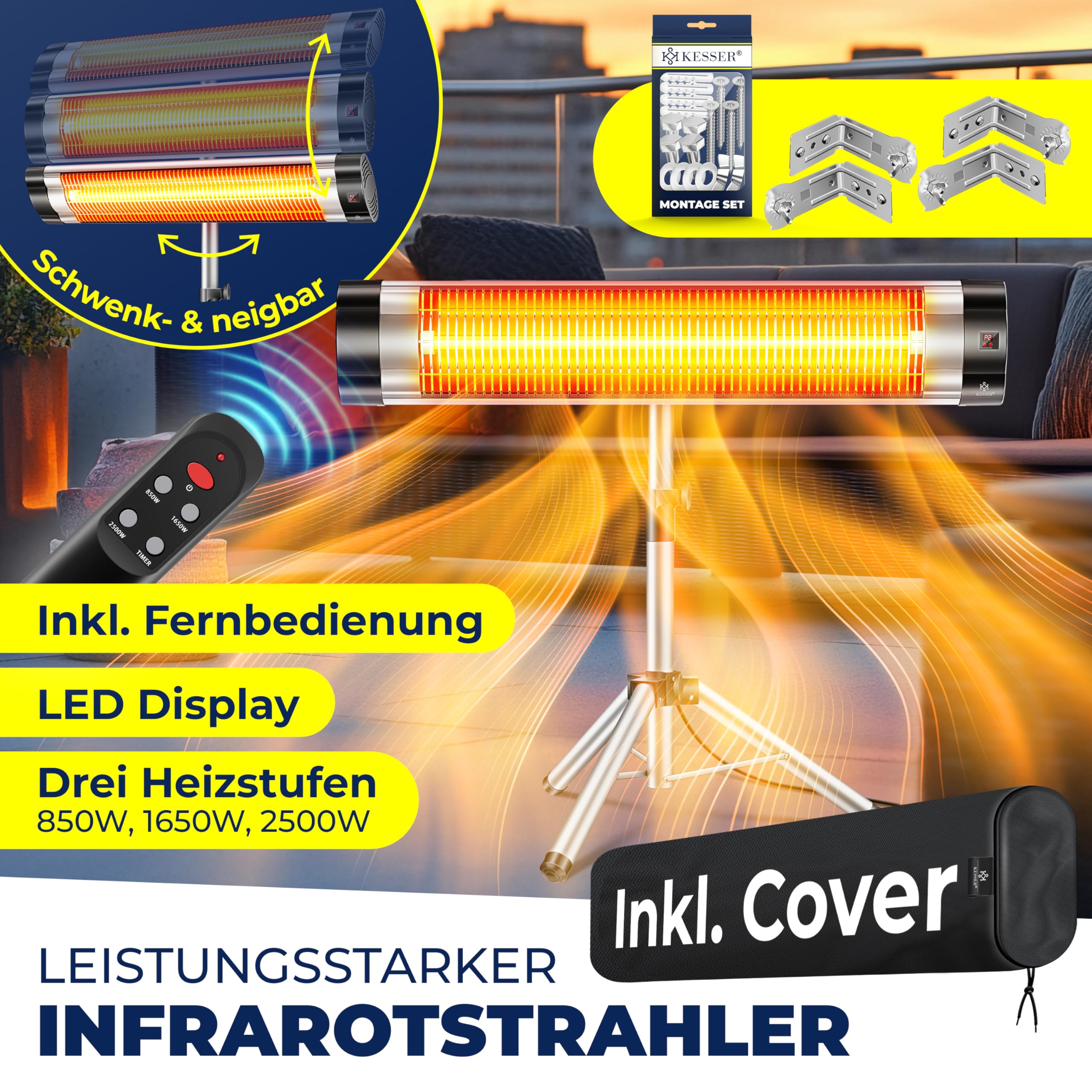 KESSER® Infrarotstrahler Heizstrahler Terrassenstrahler 2500W mit Fernbedienung inkl. Schutzhülle höhenverstellbarem Teleskopstativ Wickeltischstrahler Terrassenheizer Quarzstrahler Infrarot