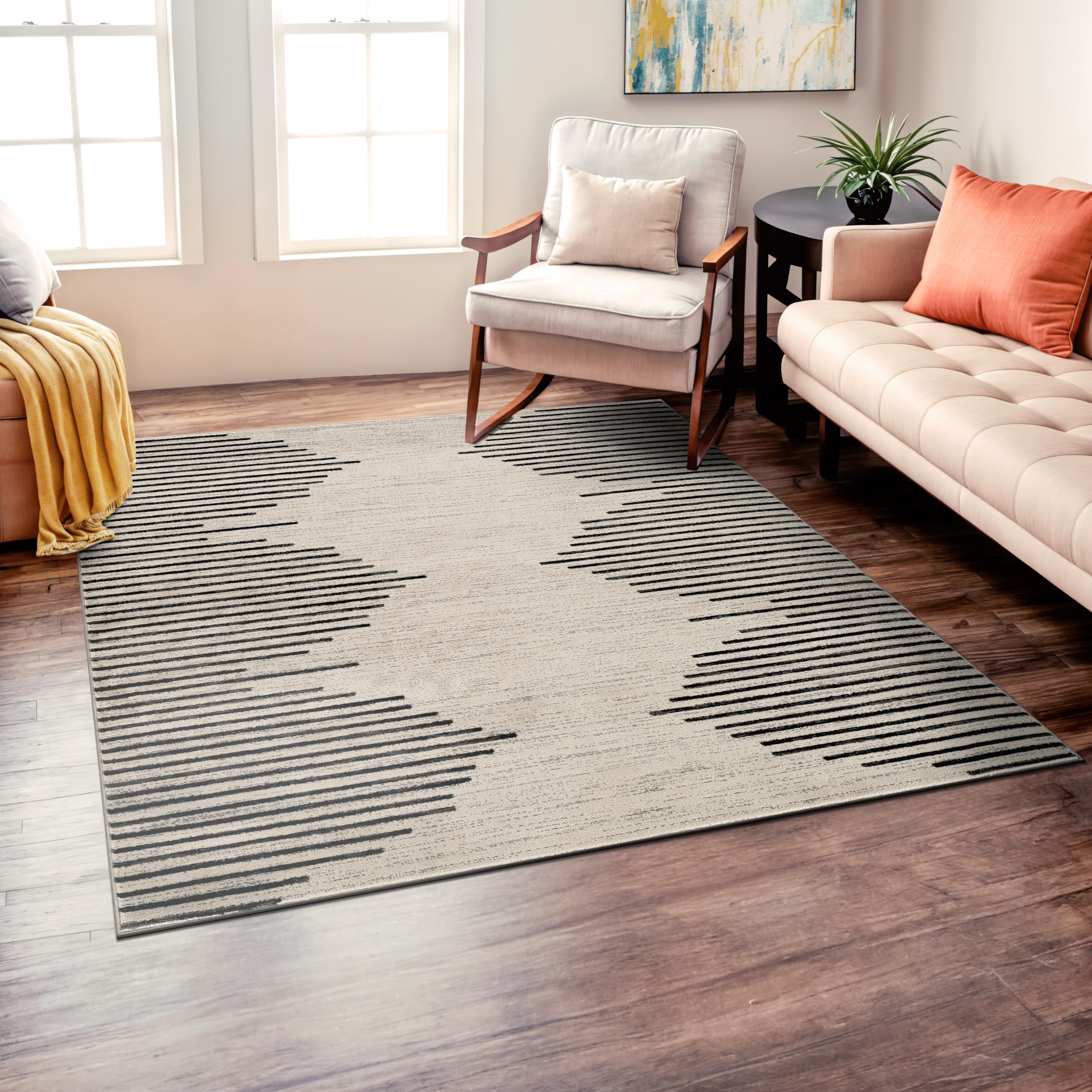 Rugshop Bohemian Stripe Stain Resistant High Traffic Living Room Kitchen Bedroom Dining Home Office Square Rug 6'6" Cream