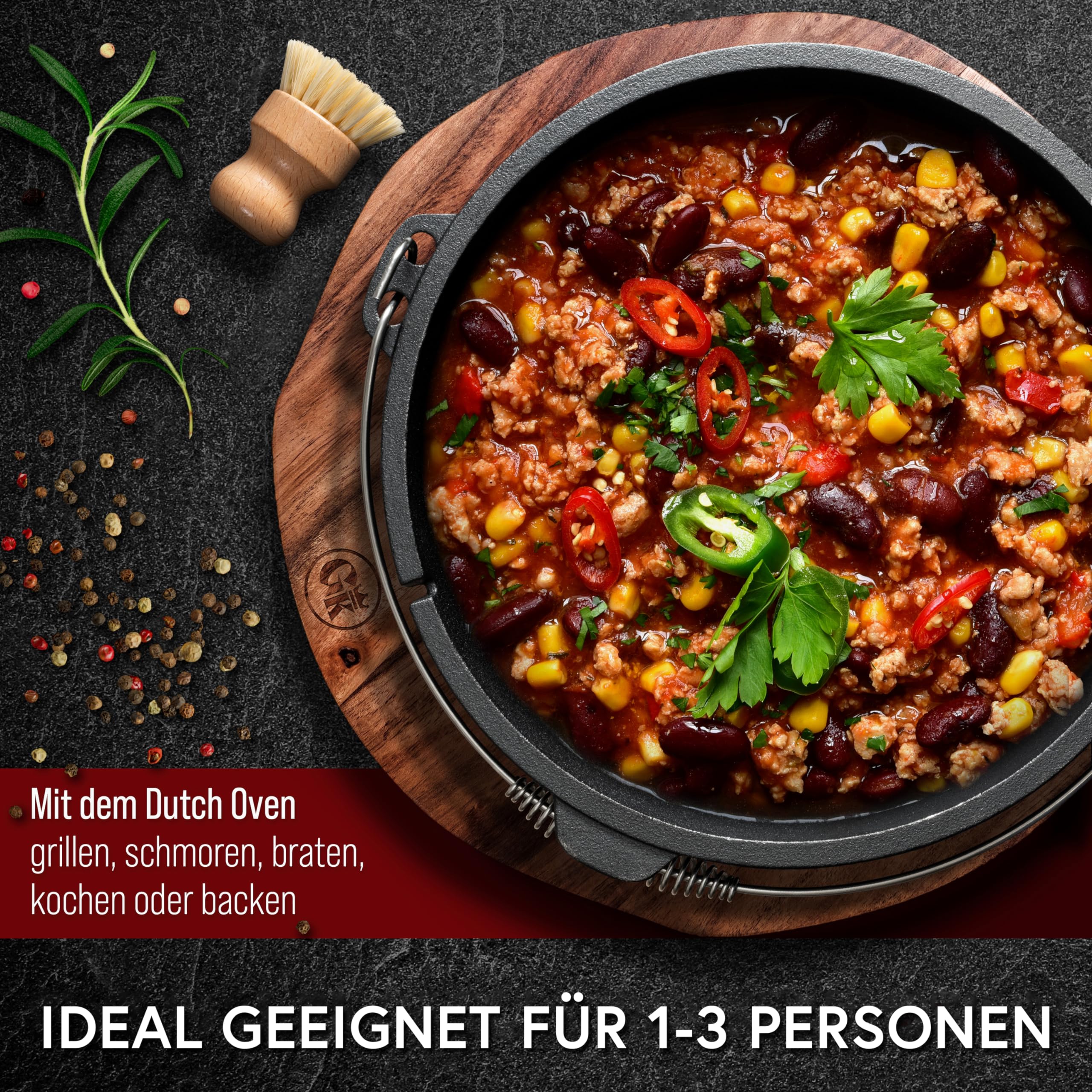 GUSSKÖNIG dutch oven Cocotte Fonte Barbecue - Cocotte Émaillée 4,5L sans Pieds - Chaudron en fonte - Double Fonction - Marmite fonte-Marmite feu de bois, Inclus : Brosse & Livre de Recettes[1-3 Pers.]