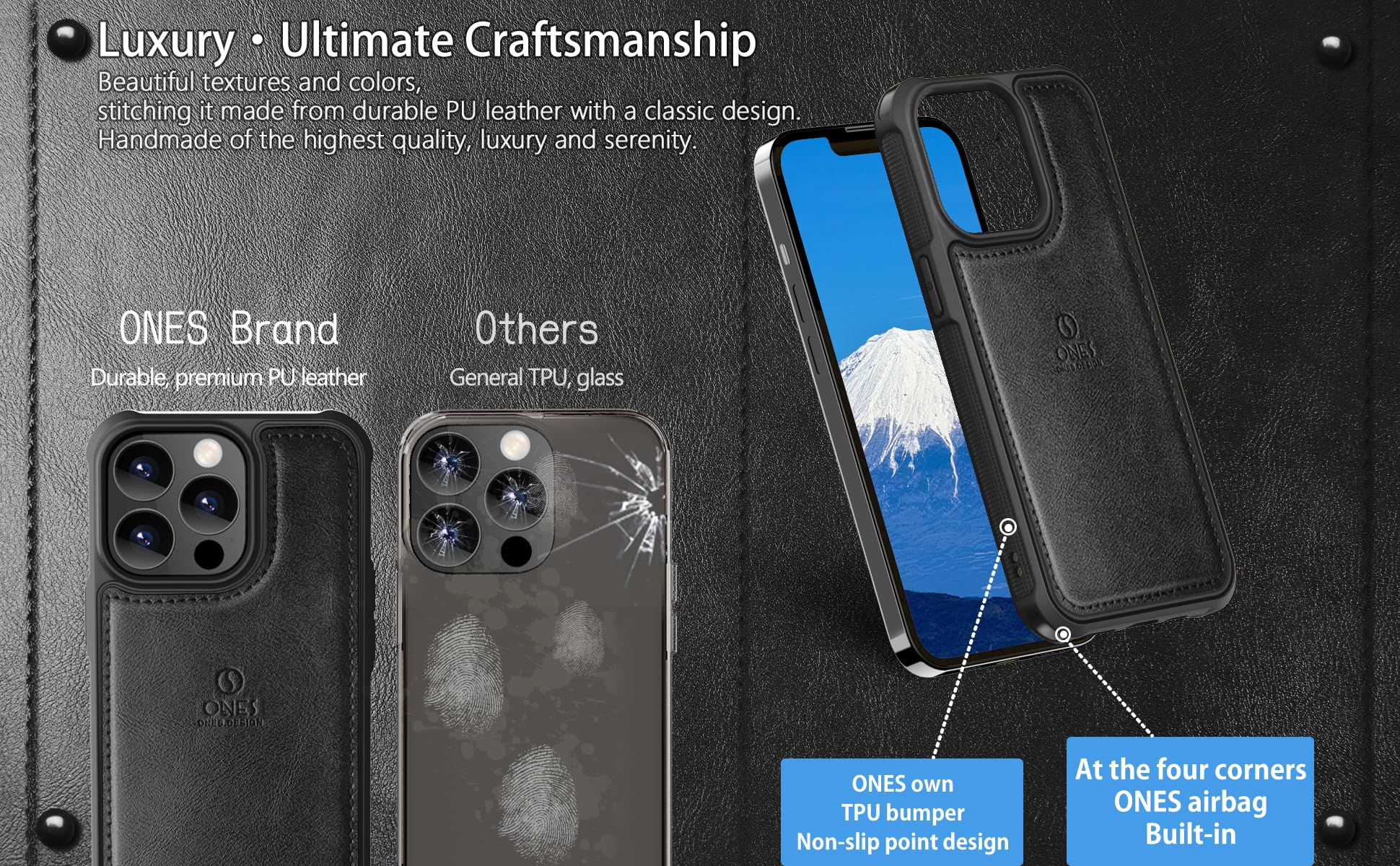 ONES for iPhone 12 Pro Max PU Leather Case 『 Shockproof Military Grade Protection Airbags 』『 Anti-fingerprint 』『 TPU Bumper Non-slip 』『Wireless Charging』 Sturdy Impact Absorb Shockproof Hard Cover - Image 2