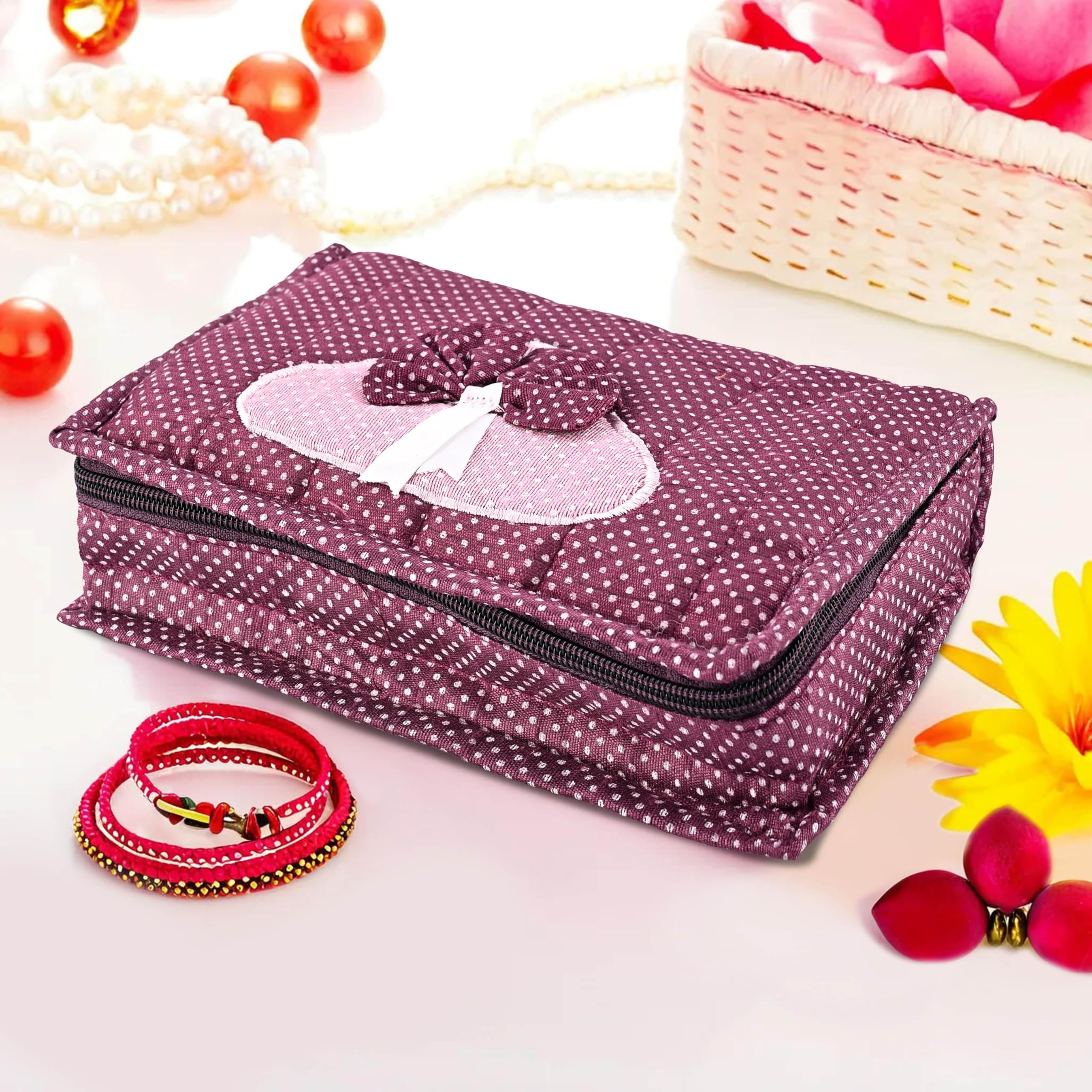 Kuber Industries Cosmetic Organisers Storage Box With 7 Pockets | Jewellery Organisers For Travel | Toiletries Bag | Dots Pattern - Purple