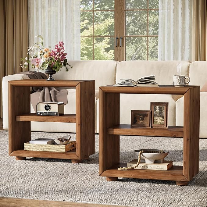 3-Tier End Table, Solid Wood Side Table, Bedside Furniture with Storage Shelves, Nightstand for Living Room, Bedroom, Brown (2, Brown)