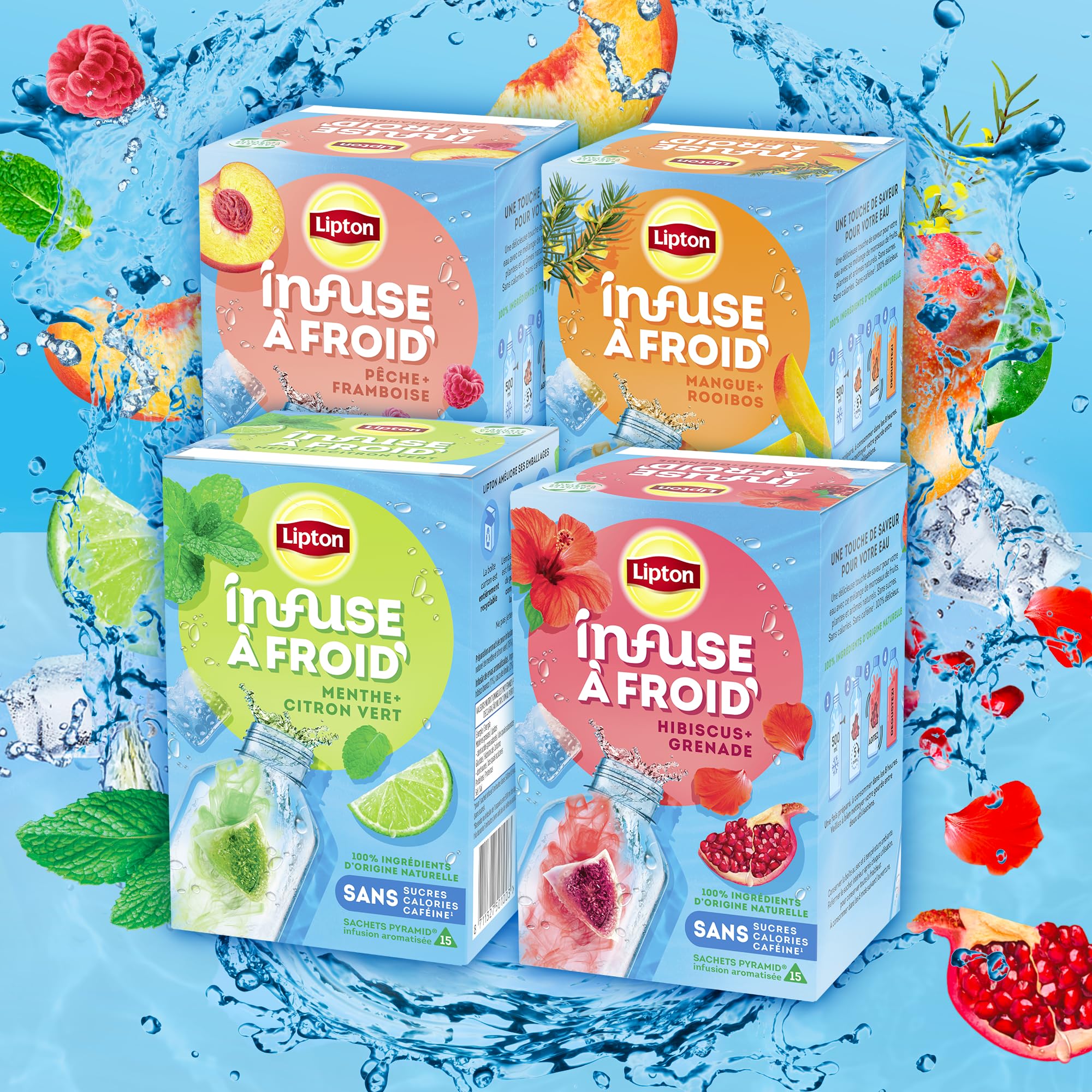 Lipton Cold Infuse Hibiscus Granada, agua fría infundida, bebida refrescante de verano, agua saborizada saludable, 90 sobres piramidales (paquete de 6 x 15 bolsas)