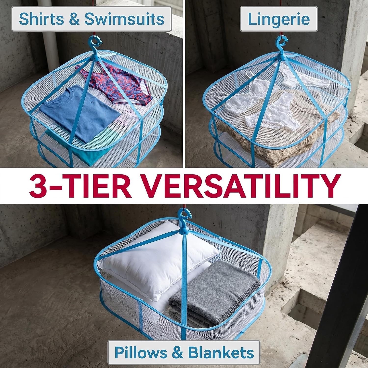 2-3 Tier Foldable Stackable Mesh Clothes Drying Rack | Windproof Hanging Dryer Basket w/Fixing Band | Indoor & Outdoor Portable for Sweaters, T-Shirts, Swimsuits, Underwear (3 Tier)