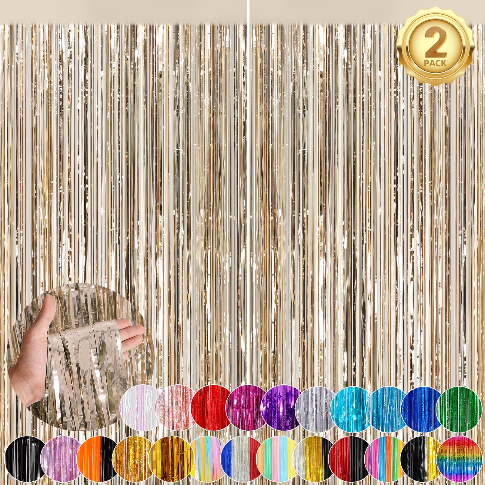 Champange Party Streamers Fringe Curtain 2Pack 3.3 x 8.3 Ft Foil Fringe Backdrop Curtains for Birthday Wedding Bridal Baby Shower Holiday Tinsel