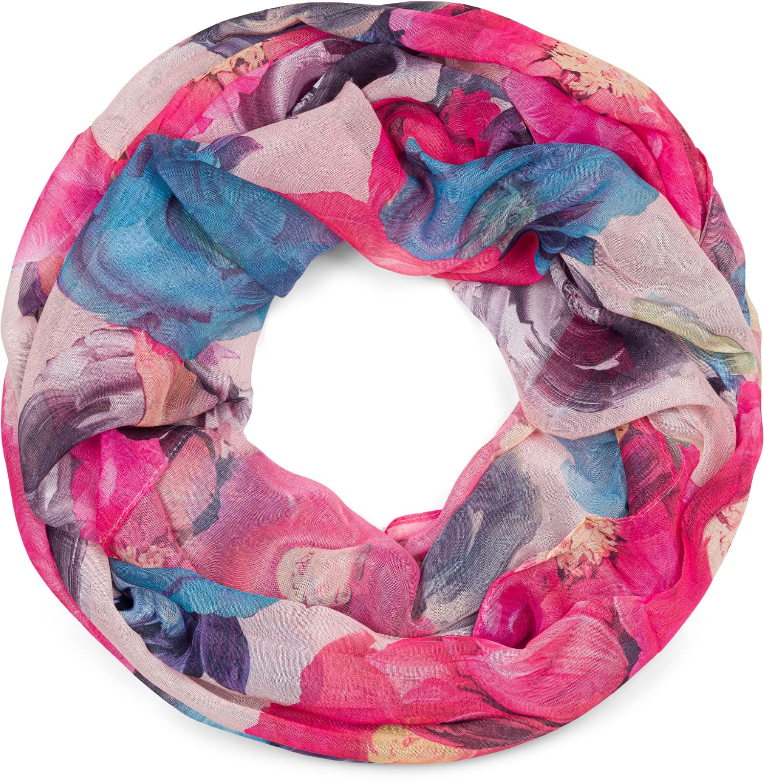 Stylebreaker Women's Rose-Pink-Blue Loop Scarf With Colourful Floral Pattern, Lightweight Summery Tube Scarf Multi-Coloured 01016217, Colour: