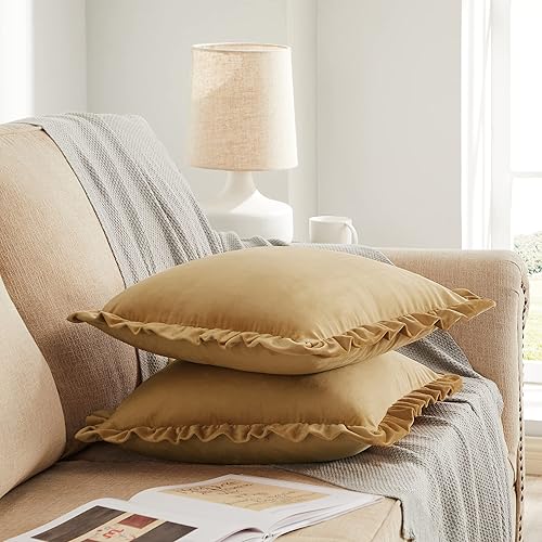 Vista 80 de GIGIZAZA Juego de 2 fundas de almohada de lujo de 18 x 18 pulgadas, fundas decorativas de terciopelo con volantes para sofá Verde azulado