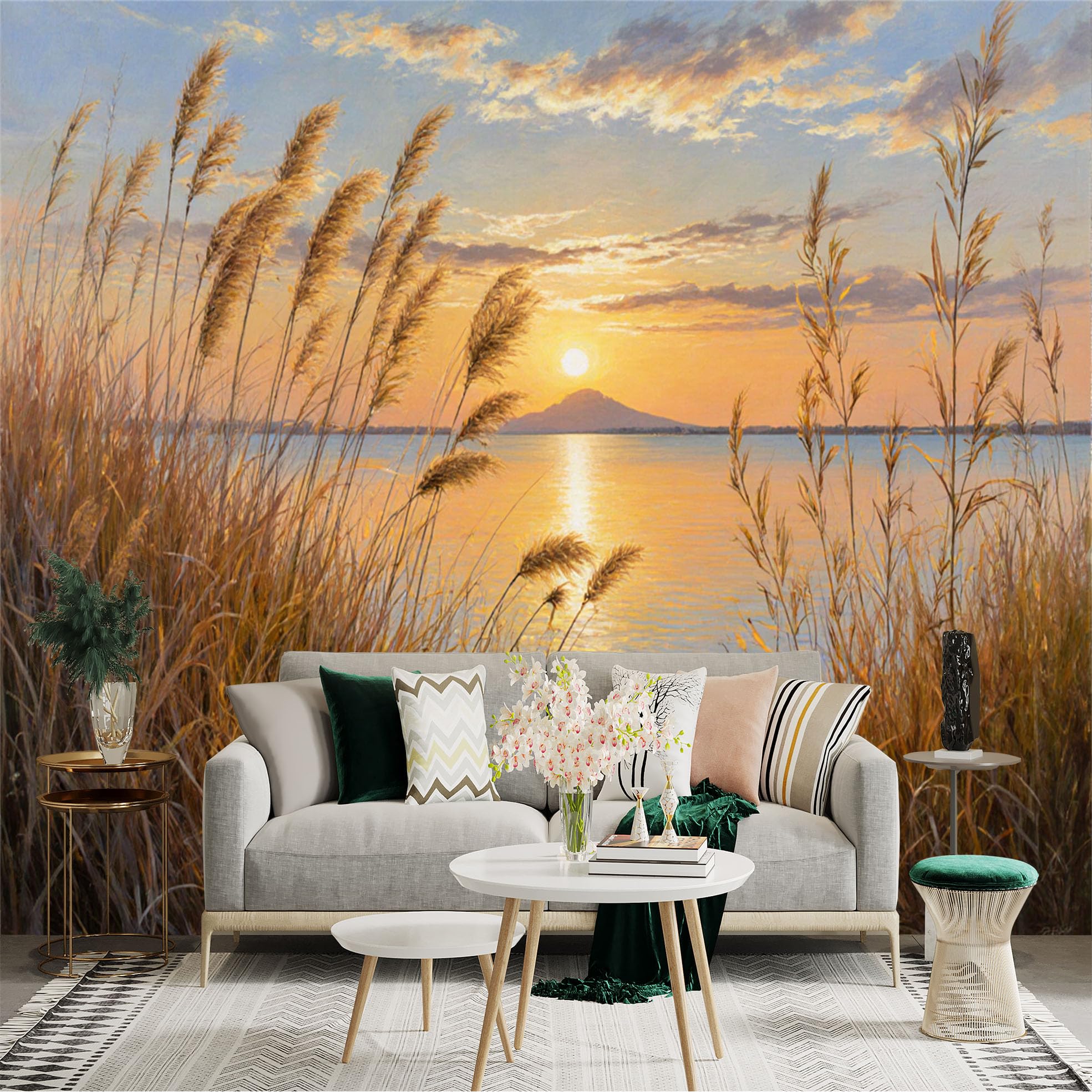 Custom Size Wall Sticker Mural， Golden Sunset Over Lake with Reeds and Distant Mountain， for wall Decoration， peelandstick wall Decals.
