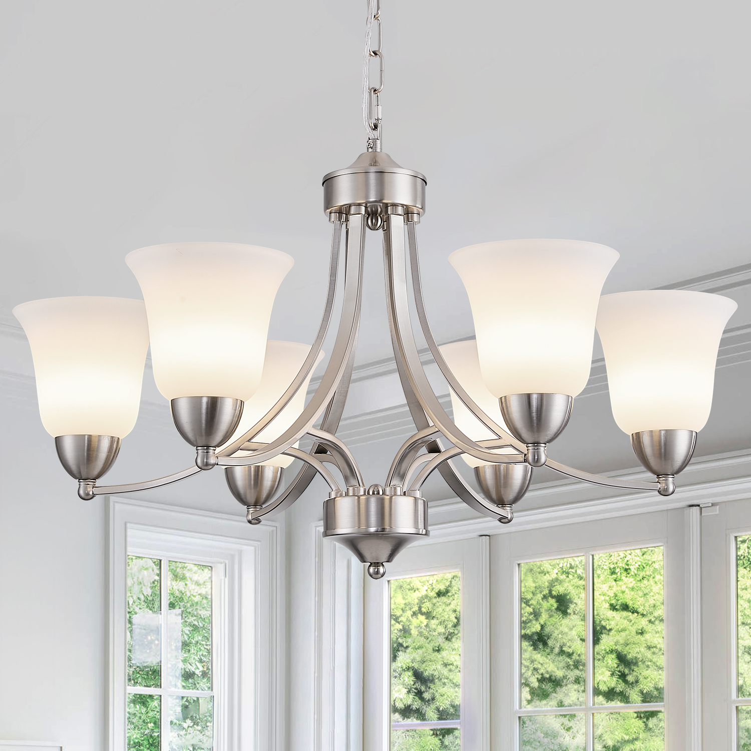 Image of 6 Lights Brushed Nickel Dining Room Light Fixture Farmhouse Modern Chandelier Pendant Light Silver Adjustable Ceiling Hanging Lighting with Frosted Glass for Kitchen Island Living Room Foyer