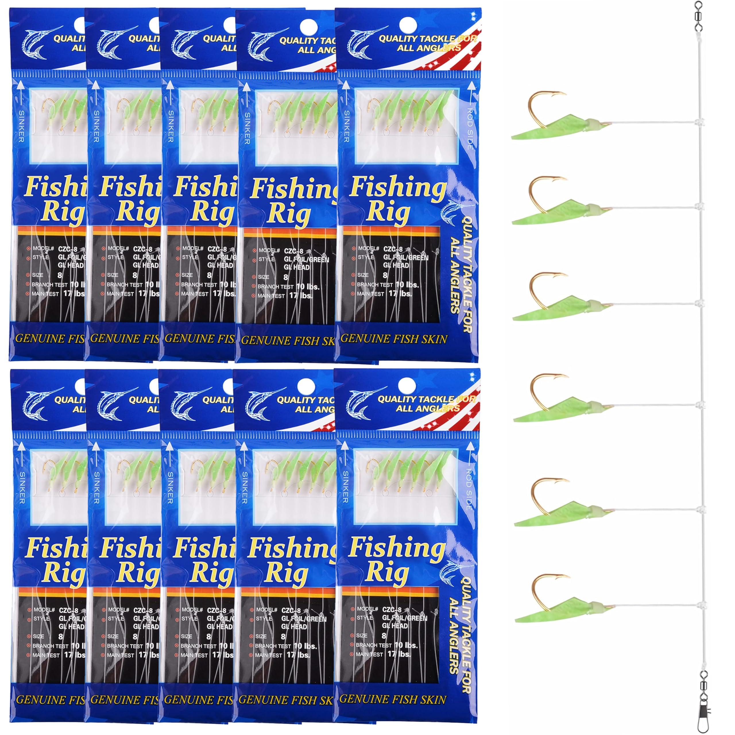 Fishing Bait Rigs Set 10 Packs String Hooks Glow Lure Rig Saltwater Surf Fishing Rigs with Real Fish Skin, Sharp Hooks Swivels for Mackeral Herring Baitfish