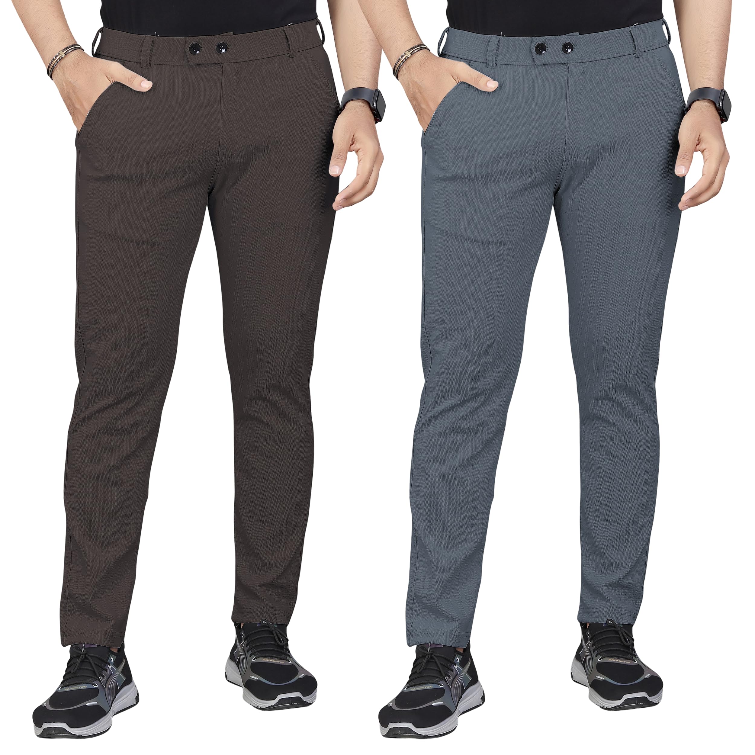 gibbonte Men's Cotton Blend Self-Design Trousers | Mid-Rise Regular Fit Pants for Work, Travel & Casual Wear (Pack of 2)-picture-22