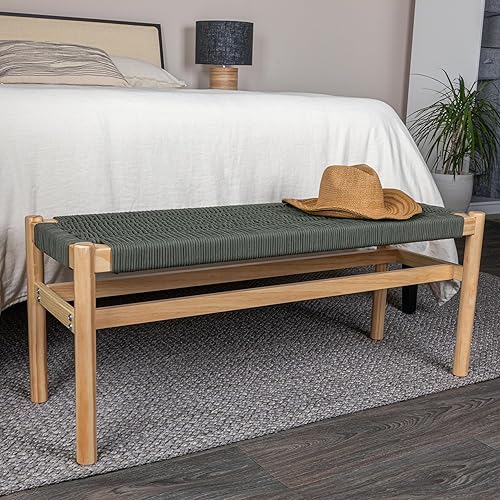 Miniatura 7 de Main + Mesa Fernway - Banco de entrada de madera maciza y cuerda tejida, color verde musgo